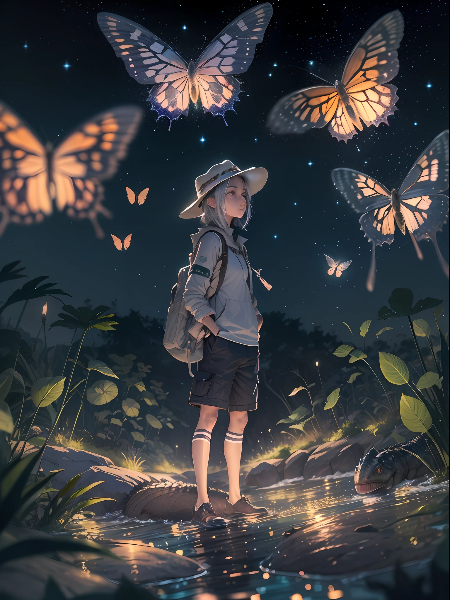 ((best qualtiy)), ((tmasterpiece)), (A detailed:1.4),Enhanced dynamic perspective,jungles,nighttime scene,starrysky,(darkly:1.4),((Old adventurer standing in front of an oversized butterfly,Butterflies sparkle in the moonlight,A starry stream flowed before him)),Crocodiles float on the water,(Adventurer backpack),(weeds),florals,(((adventurer clothing))),super-fine,Works of masters,high qulity,8K分辨率,depth of fields,电影灯光,Epic shooting,high qulity,super-fine,Detailed pubic hair,Accurate,Cinematic lighting,