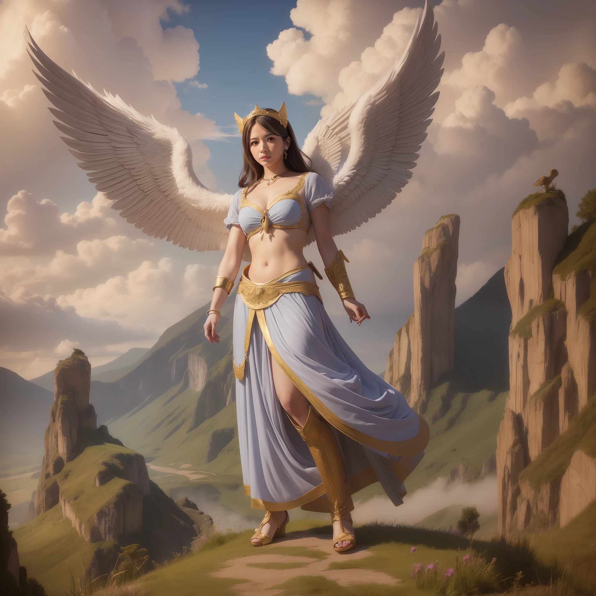 Angel with big wings in front of a fantasy landscape. Hiperdetallado, alta calidad, fotorrealista, 8k, pintura digital