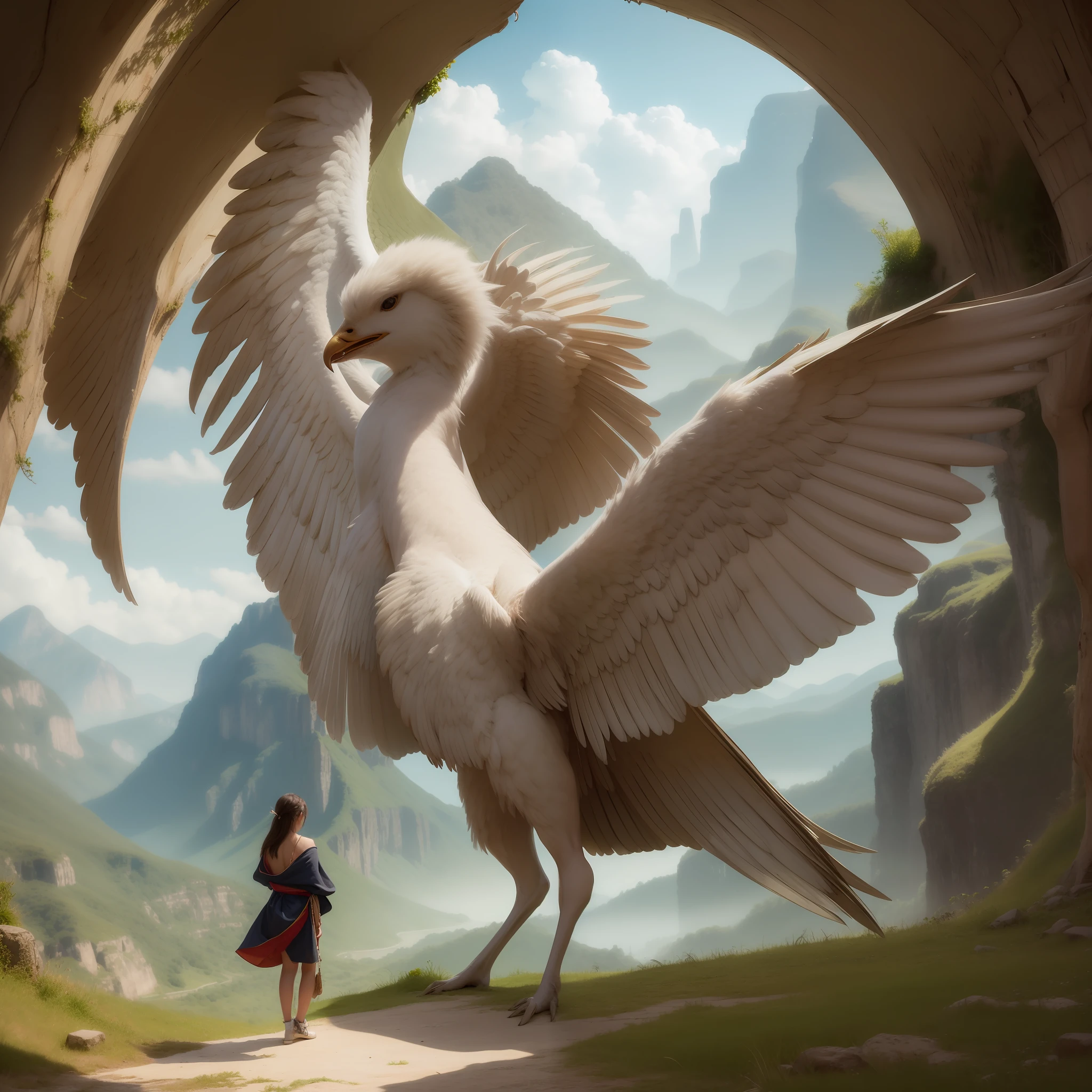 Angel with big wings in front of a fantasy landscape. Hiperdetallado, alta calidad, fotorrealista, 8k, pintura digital