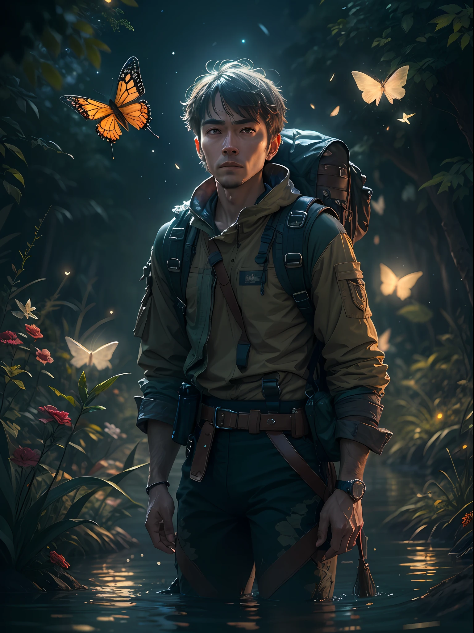 （（best qualtiy））， （（tmasterpiece））， （A detailed：1.4），Enhanced dynamic perspective，jungles，nighttime scene，starrysky，（darkly：1.4），（（Old adventurer standing in front of an oversized butterfly，Butterflies sparkle in the moonlight，A starry stream flowed before him）），Crocodiles float on the water，（Adventurer backpack），（weeds），florals，（（（adventurer clothing））），super-fine，Works of masters，high qulity，8K分辨率，depth of fields，电影灯光，Epic shooting，high qulity，super-fine，Detailed pubic hair，Accurate，Cinematic lighting，