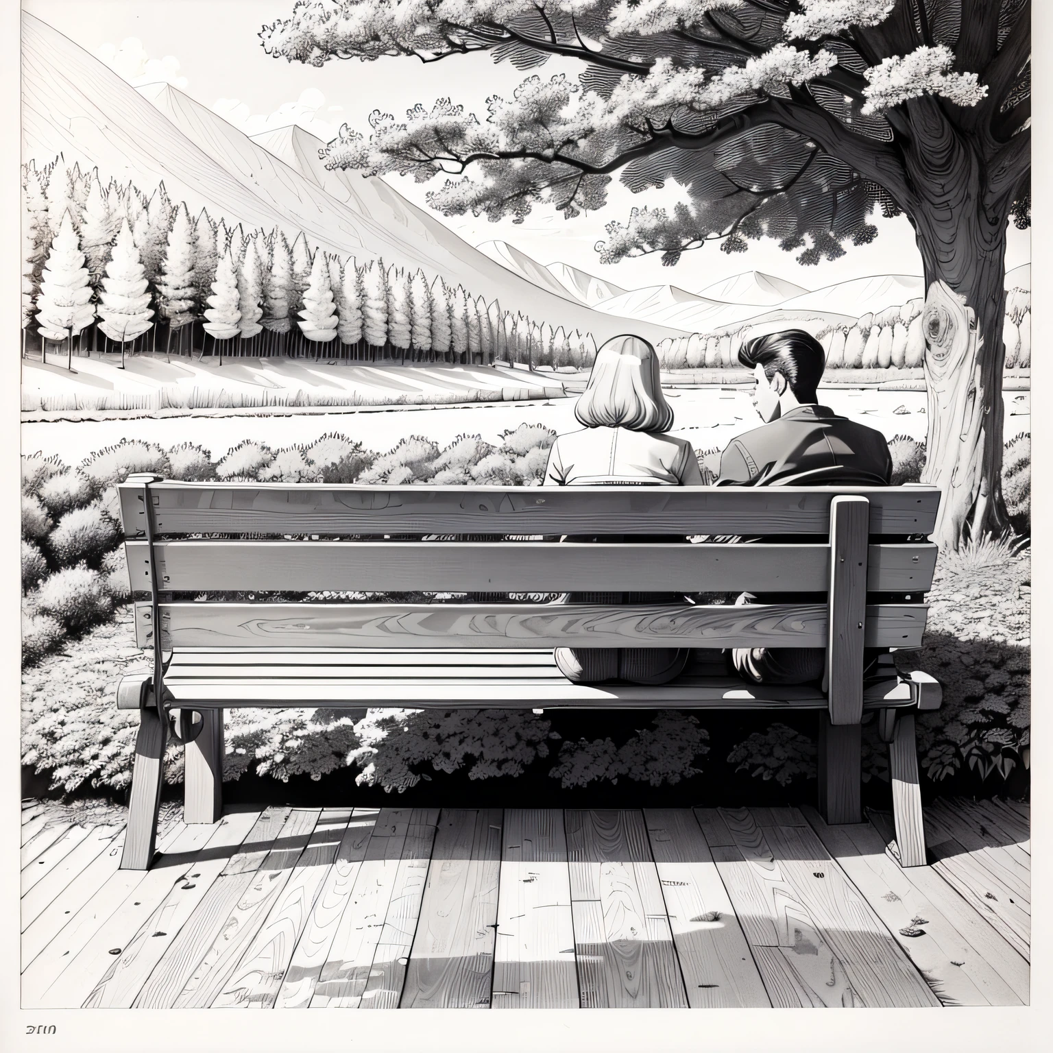 high quality comic of a bench and trees in the background, clean ink detailed line drawing, line - art, extremely fine ink line art, coloring book outline, perfect pen and ink line art, stylized linework, coloring book page, highly detailed linework, published art, very fine inking lines by artist johns sloane --auto