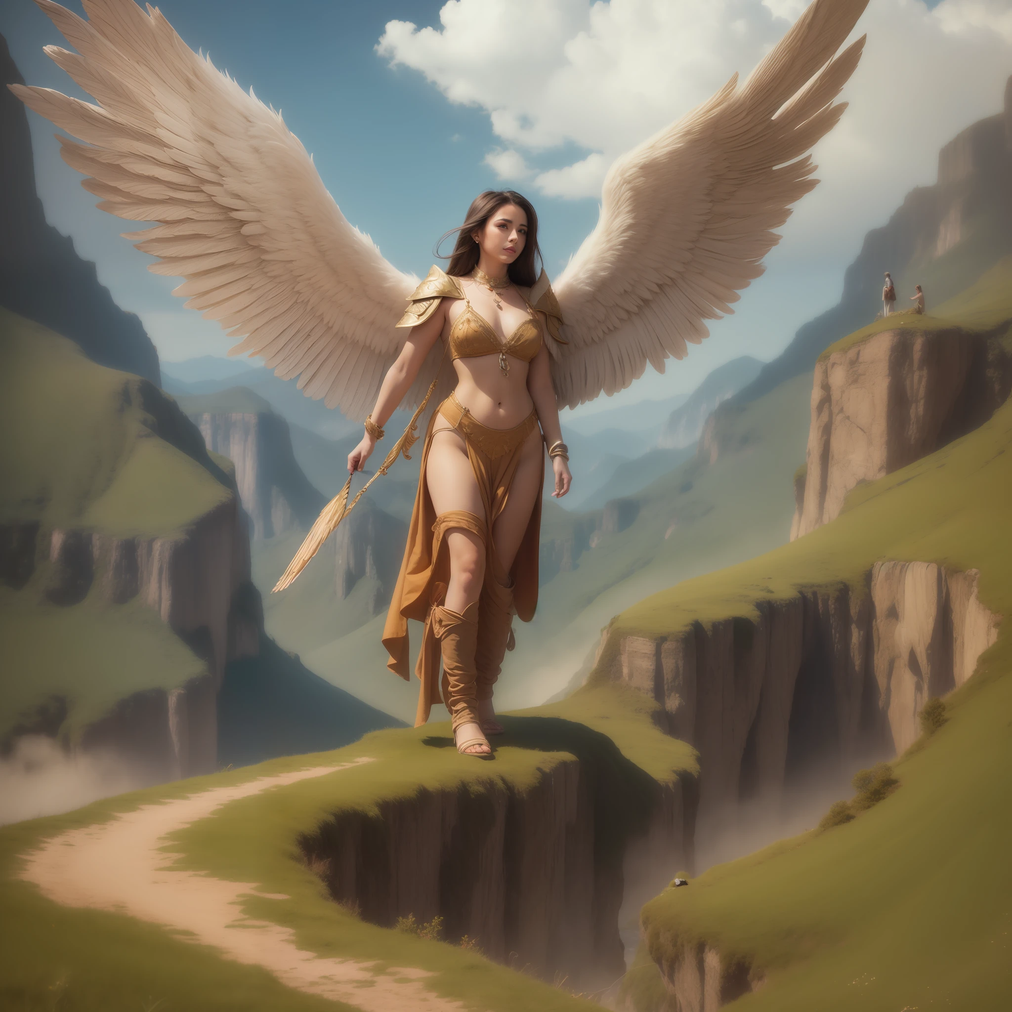 Angel with big wings in front of a fantasy landscape. Hiperdetallado, alta calidad, fotorrealista, 8k, pintura digital