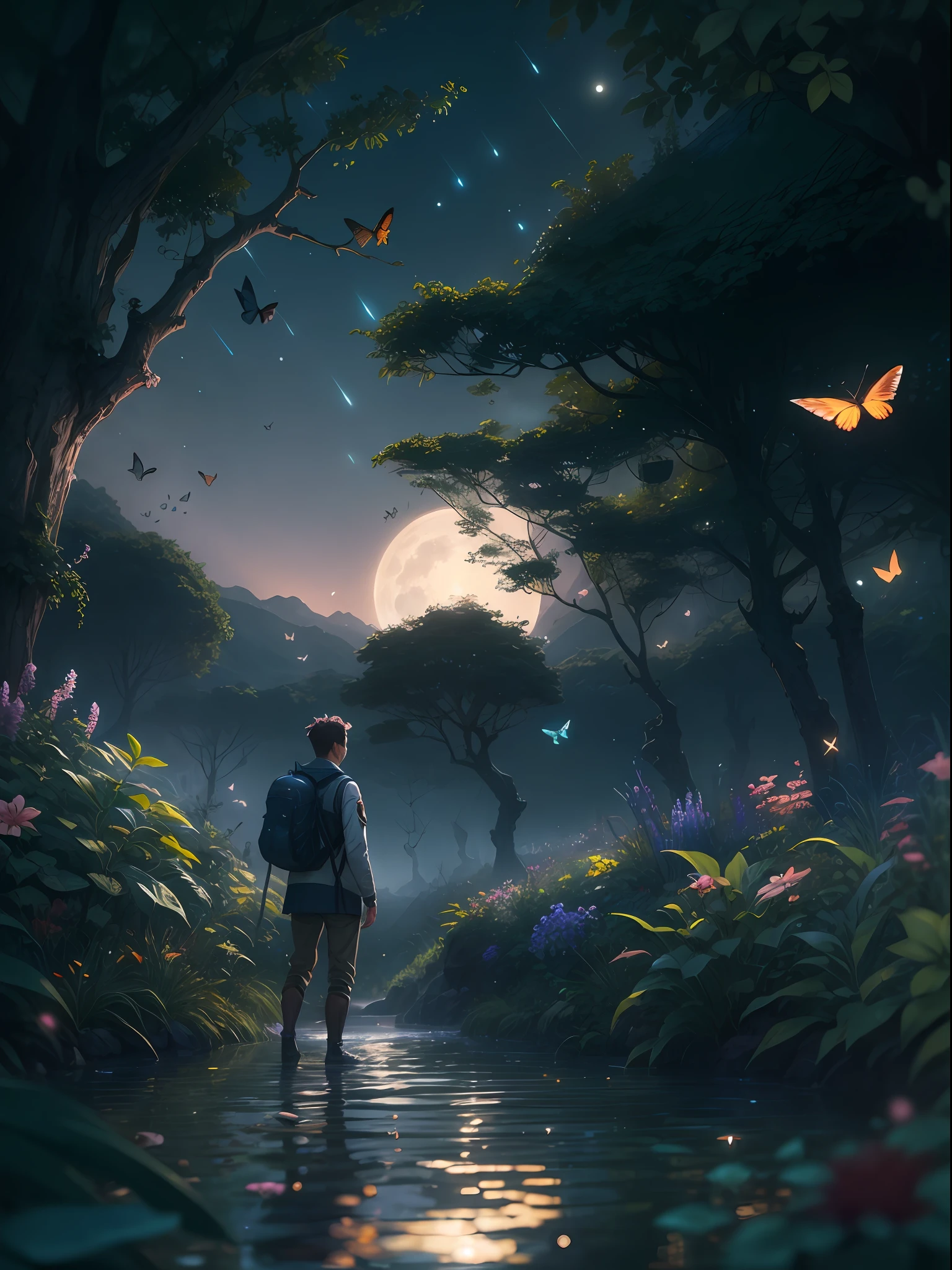 ((best qualtiy)), ((tmasterpiece)), (A detailed:1.4),Enhanced dynamic perspective,jungles,nighttime scene,starrysky,(darkly:1.4),((Old adventurer standing in front of an oversized butterfly,Butterflies sparkle in the moonlight,A starry stream flowed before him)),Crocodiles float on the water,(Adventurer backpack),(weeds),florals,(((adventurer clothing))),super-fine,Works of masters,high qulity,8K分辨率,depth of fields,电影灯光,Epic shooting,high qulity,super-fine,Detailed pubic hair,Accurate,Cinematic lighting,
