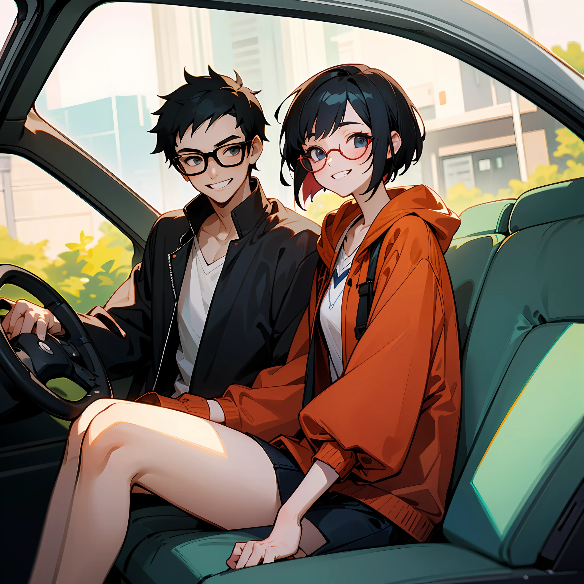 Couple avatar，Short haired boy with glasses，Girl with short hair，grin face，Cartoon image，adolable，Black hair，Sit in the car，looking happy，Than heart，with a good figure，Literary and artistic fan