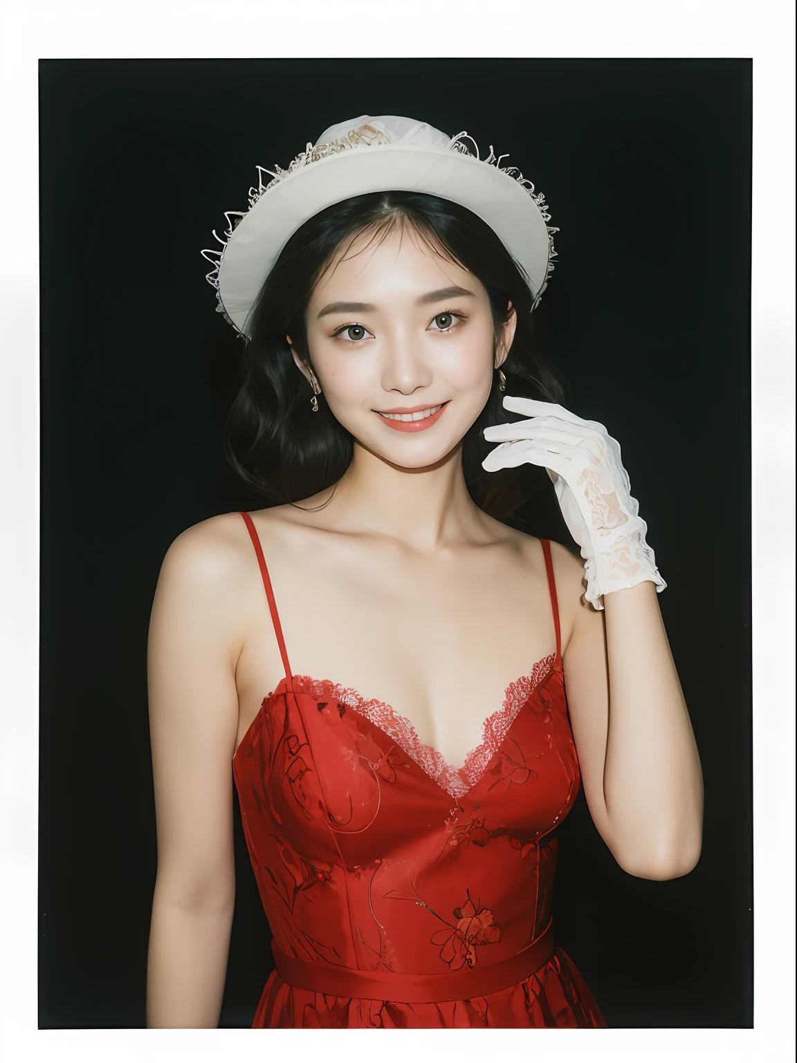 {8K},  {超高分辨率}，tmasterpiece， Best quality at best, 1girll， 独奏， sexyposture， pensive woman， Red voluminous dress， intricate lace， Embroidered gloves， feathered hat， Curly hairstyle， paleskin， minimal makeup， gently smiling， dainty neckline， nostalgic ambiance， still-life，Polaroid，