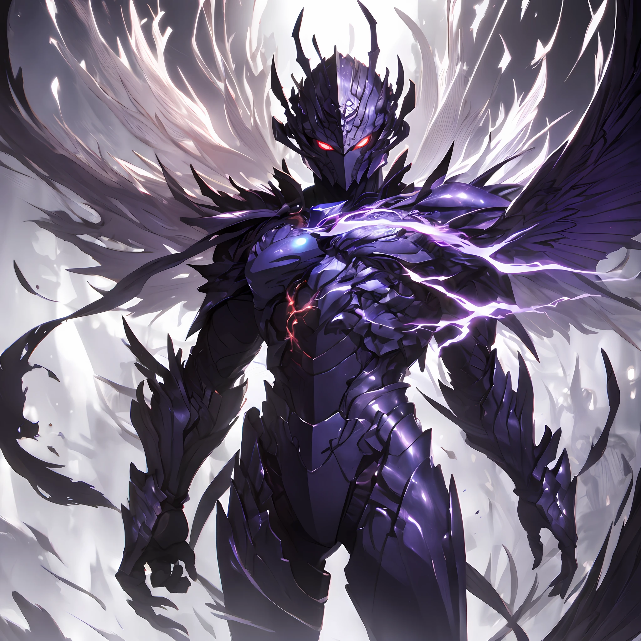 masterpiece, male, highly detailed CG unified 8K wallpapers, 8k uhd, dslr, high quality, clean, best illumination, a god in a purple armor, glowing eyes, cinematic, lightning wing, ultra-high resolution, ultra-high detailed, high-definition, shadowverse style