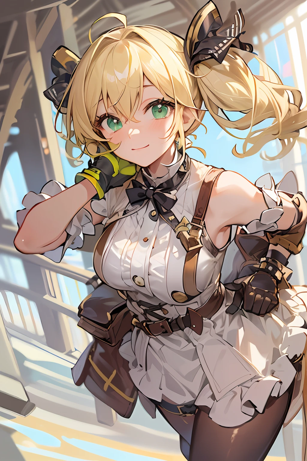 (NSFW:1.2)(best quality, masterpiece, highres,e:1.2)(kawaii)(Beautiful face)(Petite:1.4 ), ((Blonde hair:1.4),Wavy hair, Hair Between Eyes, ((low twintails:1.4)), Braids , side locks, Ahoge, flipped hair )hair ornaments,(Green eyes:1.2) ,Steampunk, (London street fashion:1.1)engineer,(white sleeveless sundress:1.4), Belt, Bracelet , (Leather gloves:1.4)(tighstrap)(Looking up:1.2) ,Cowboy Shot,(Dynamic Angle, (close to viewer:1.2), Focus Face, fish-eye lens,(white back)),(hands on own face),light smile