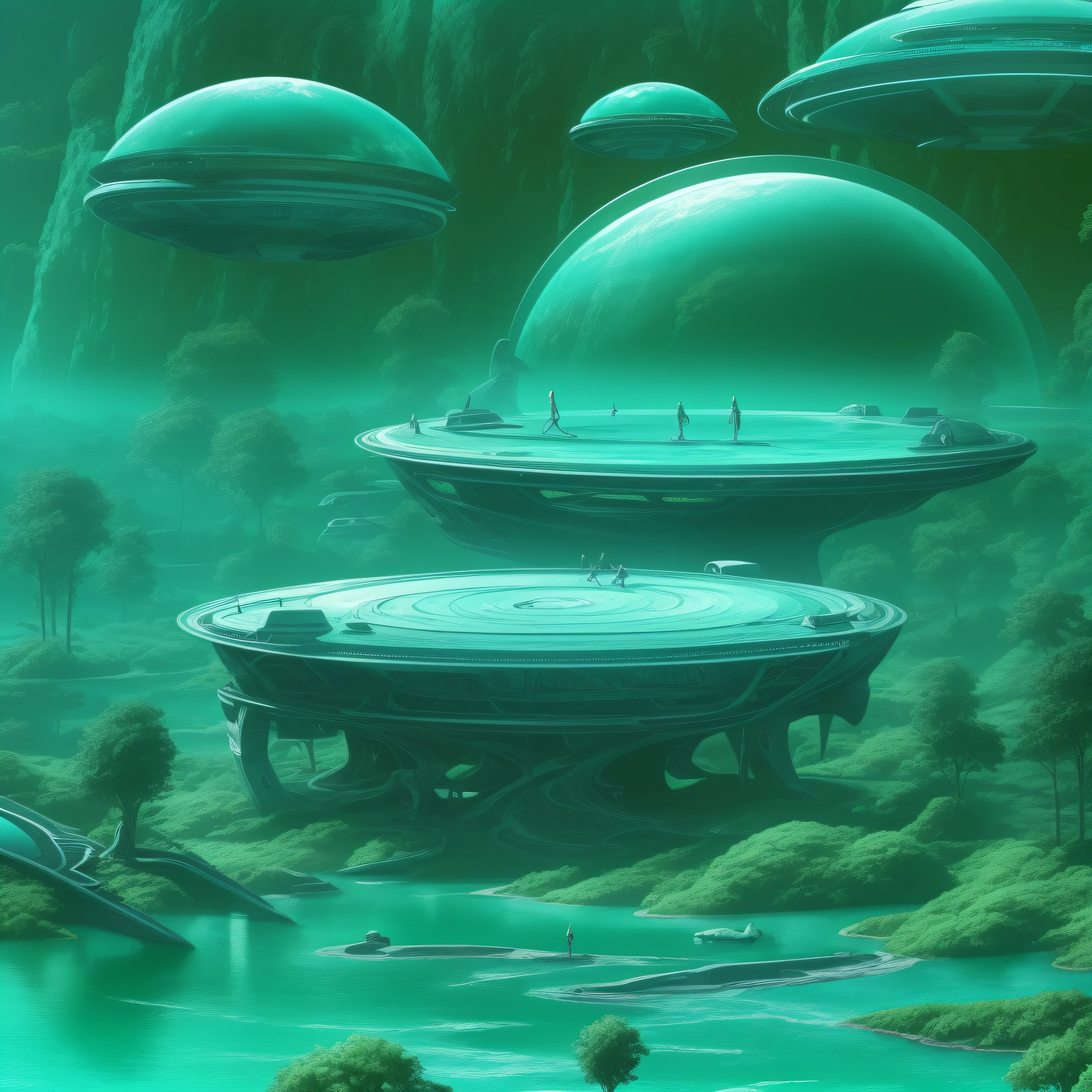 futuristic alien round school, in the middle of a turquoise alien forest, beeple , sci-fi fantasy wallpaper, , lush alien landscape green sky, science fantasy painting, science fiction landscape, green lake and blue field,