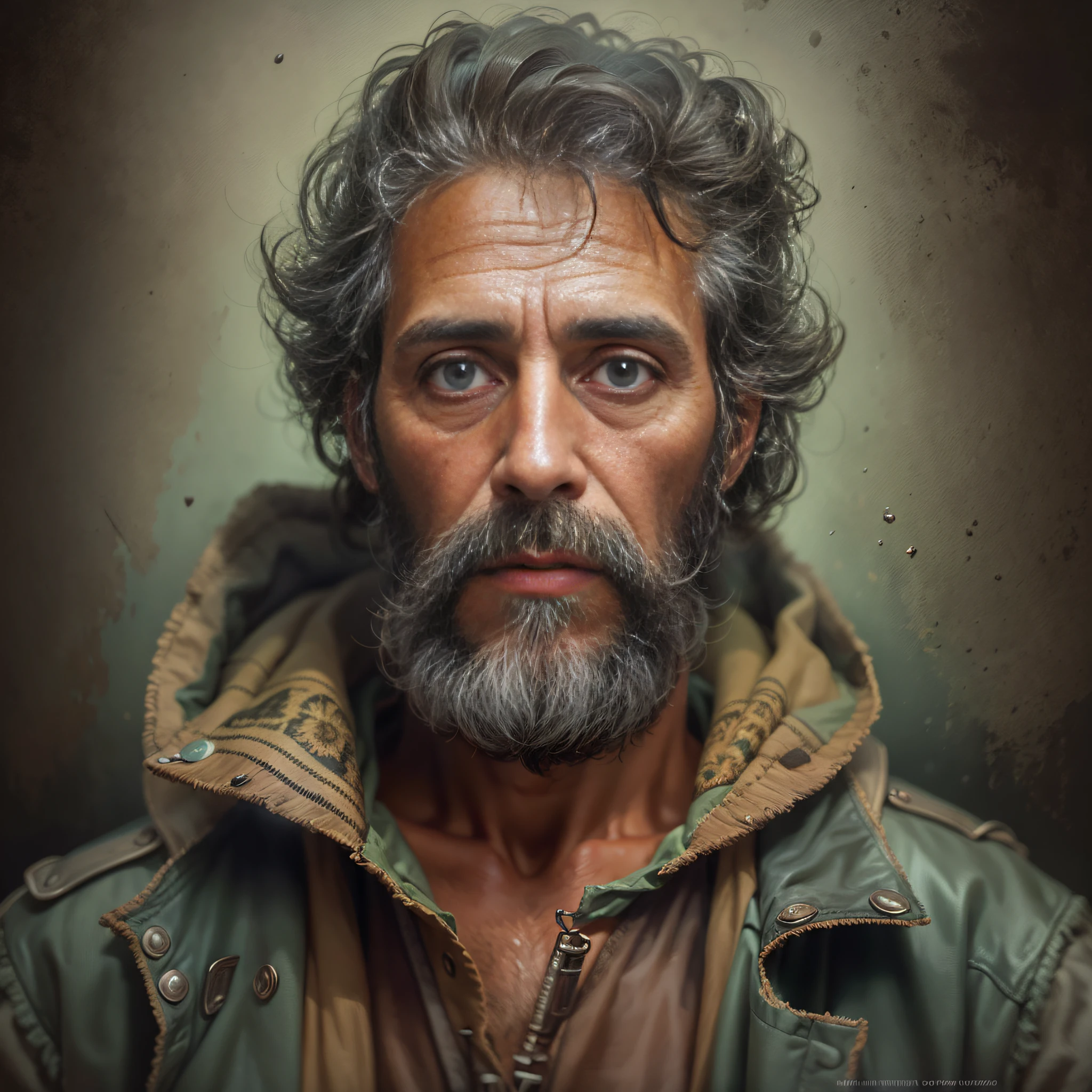 um retrato de um homem com barba e jaqueta, olhos castanhos claros extremamente detalhados, Detailed symmetrical realistic face, textura natural da pele, Arte digital altamente realista, arte digital hiper realista, pintura digital hiper realista, arte digital muito realista, Arte digital ultrarrealista, Arte digital hiperrealista, pintura digital hiper-realista, arte digital ultra realista, pintura digital ultra realista, Amazing photorealistic graphics, rostos hiper realistas, Arte digital ultrarrealista