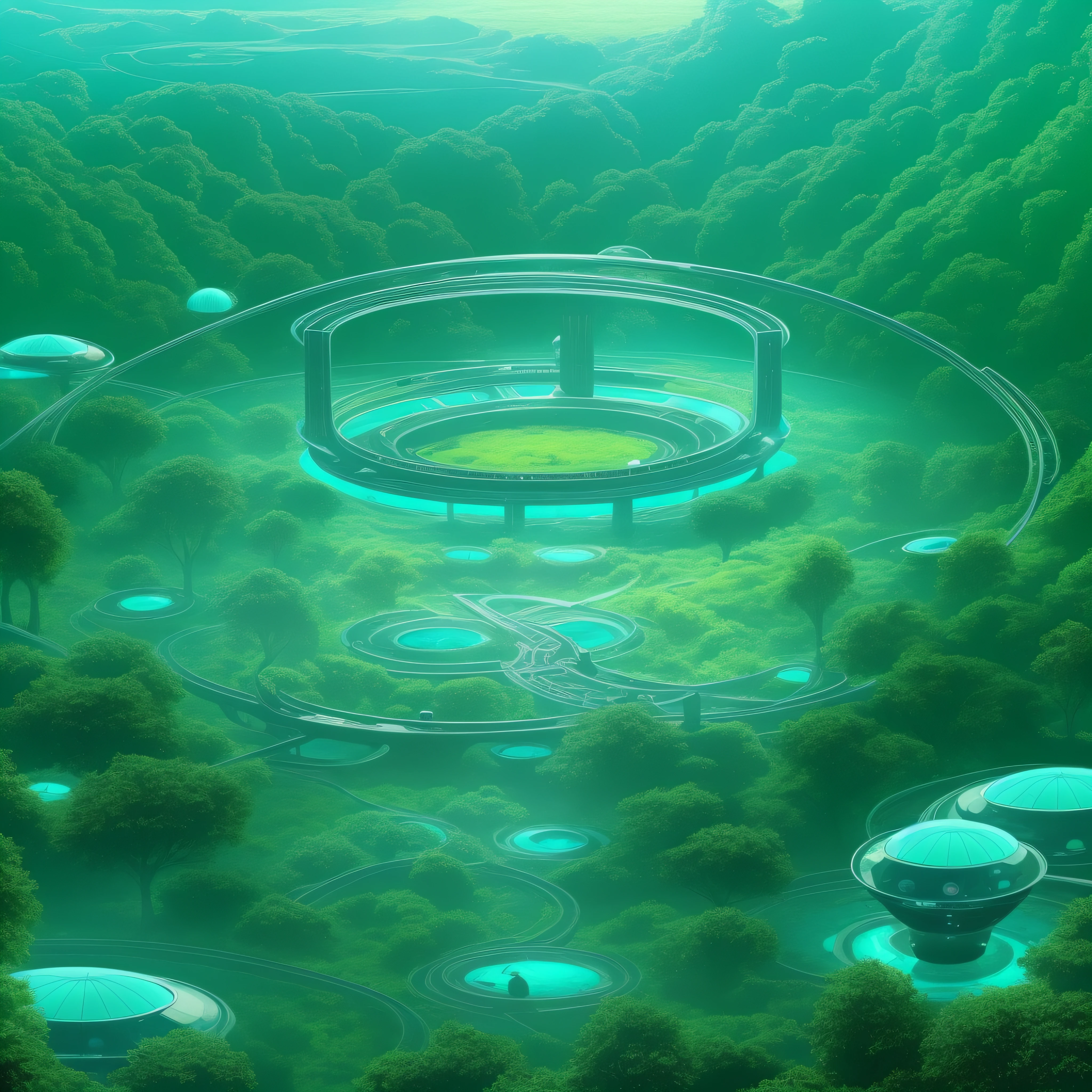 futuristic alien round school, in the middle of a turquoise alien forest, beeple , sci-fi fantasy wallpaper, , lush alien landscape green sky, science fantasy painting, science fiction landscape, green lake and blue field,