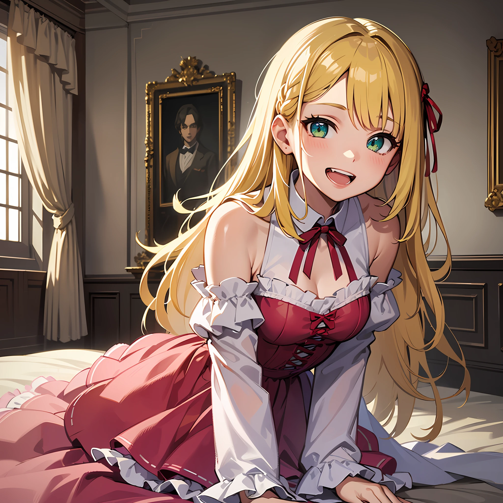 (masterpiece:1.3), (best quality:1.3), high resolution,
couboy shot,
leaning forward,
(one cute girl:1.3), solo,
white skin, small Breast, eight-headed person,
light yellow hair, long hair, red ribbon, fluffy hair, beautiful hair, green eyes, beautiful detailed eyes,
open mouth, grin, cheerful smile,
frilled dress, pink dresses,
indoors, inside the castle, luxury rooms,
shadowlighting,