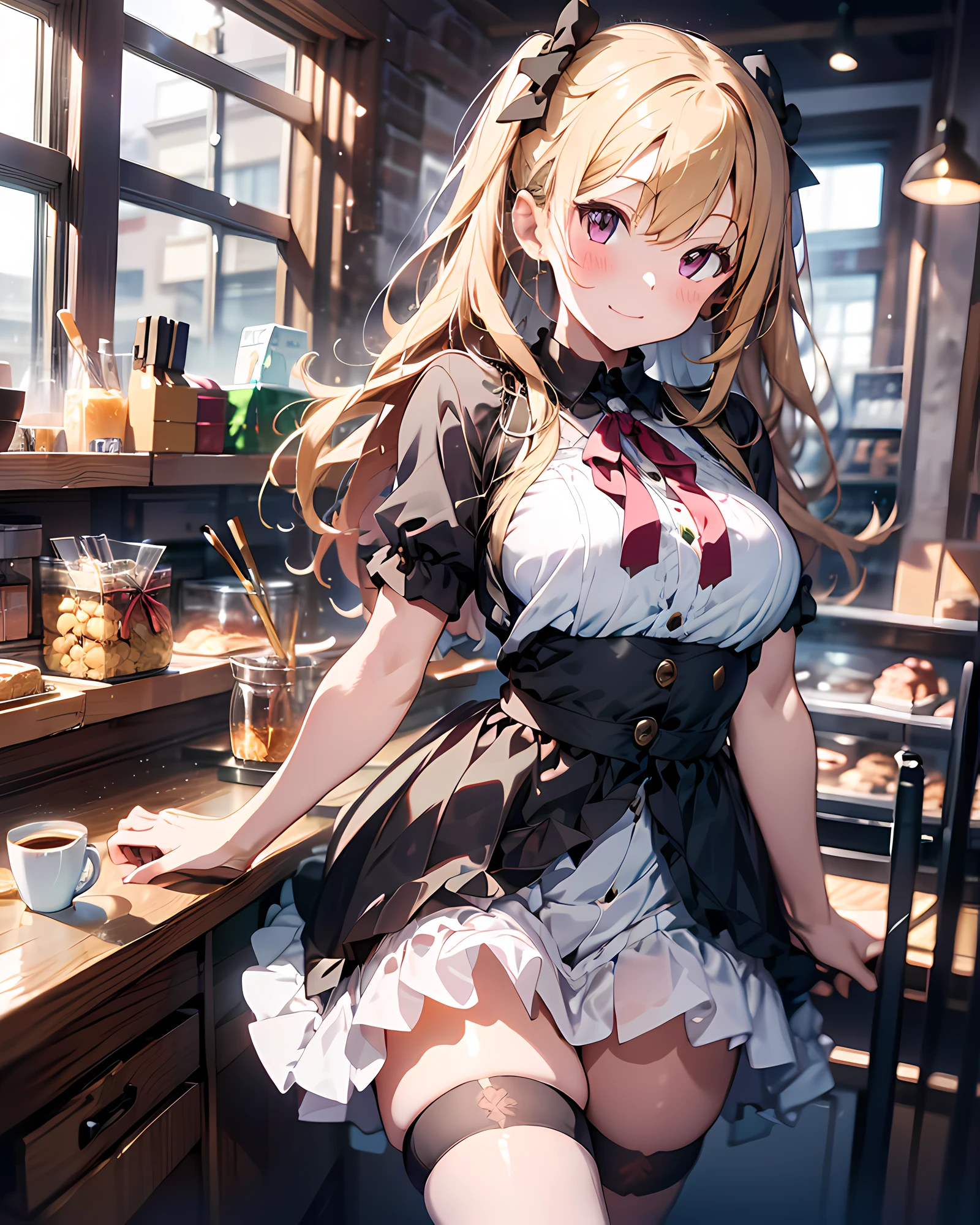 highres, ultra detailed, (1girl:1.3), (dynamic pose):1.0 BREAK, cowboy image, top angle, ((1 extremely cute and pretty cafe girl standing at counter in coffee shop)), cashier, wearing a gothic lolita maid outfit, collard shirt and a green knee-length pleats long skirt, black apron, she has sandy-blonde twin-tails hair style, red hair ribbons, gigantic-breasted, slender, abs, chibi-character, 6 life size, detailed clothes, detailed body, detailed arms, human hands, detailed hands, blush, ashamed, light smile, happy, ,light smile, closed mouth, pink lip stick, surprised, looking the viewer, facing the viewer, pretty model posing, extremely leaning forward against the viewer, hands on stomach, studio soft light, cinematic light, detailed background, symmetrical, hyperrealistic, highly detailed, intricate, very smooth, sharp focus, redshift render, 8K, realistic, ultra-realistic, masterpiece,