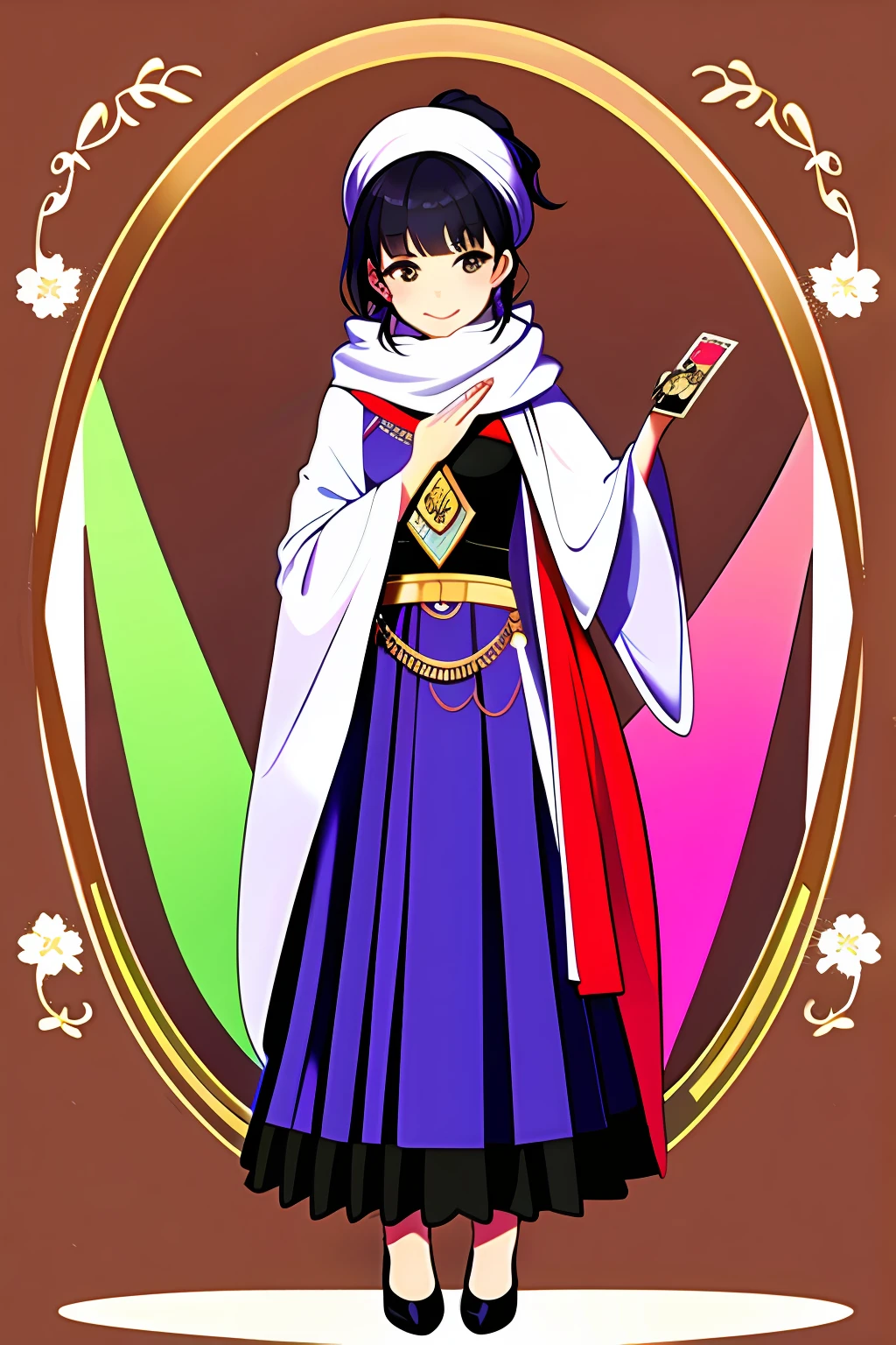 Tarot card soothsayer,Kizi,Cute looking,Face with a scarf,Wear a white pleated skirt,wearing high heels