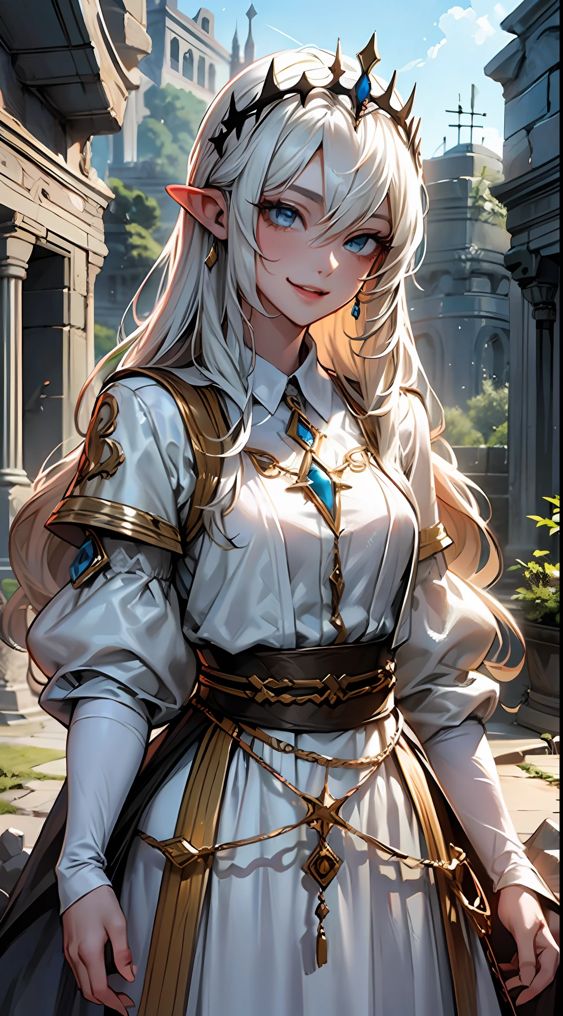 "8k, foto RAW, melhor qualidade, obra-prima: 1.2), 1girl, (foco feminino), (Galadriel, Dama Galadriel, sorriso, cabelo loiro, olhos azuis, 'orelha pontuda', boca fechada, 鎖骨, tiro de cowboy, vestido de elfa, tiara elfica, cabelo longo loiro, cabelo longo, ruins, vestido branco, sorriso, solo), ((obra-prima))