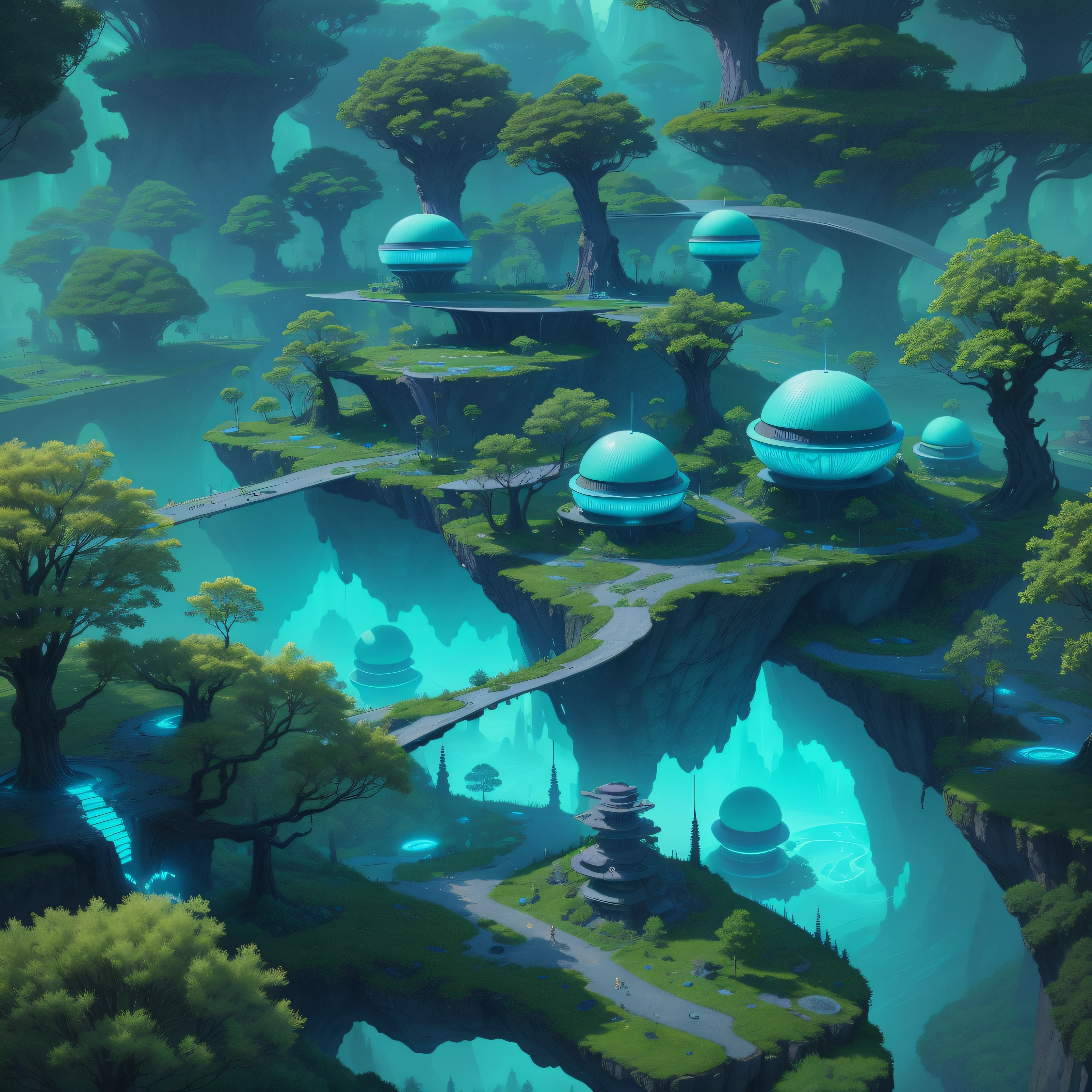 futuristic alien village in the middle of a purple alien forest, alien trees, beeple , sci-fi fantasy wallpaper, lush alien landscape turquoise sky, science fantasy painting, science fiction landscape,
