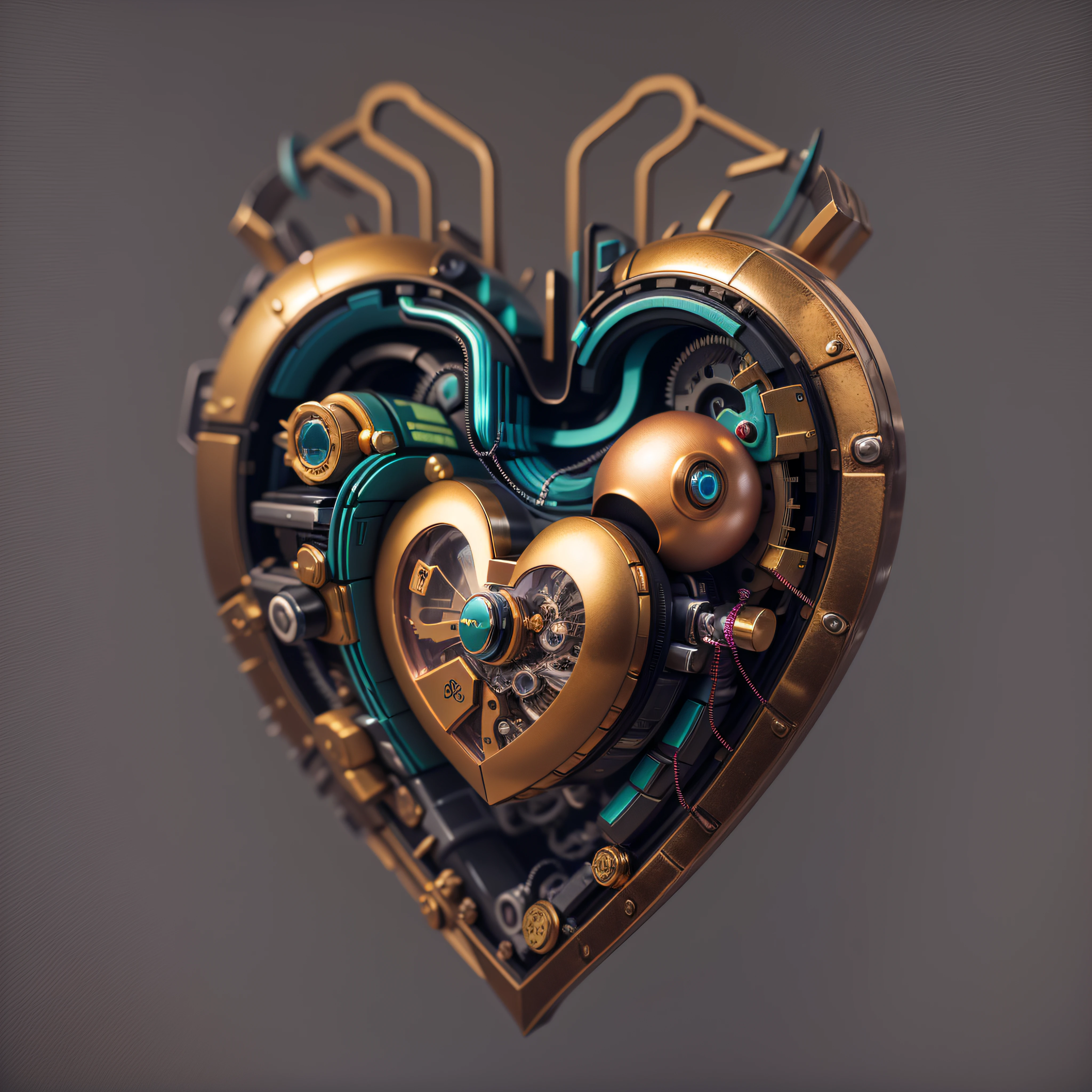 A small mechanical heart, real estate photography, 3d, deep colors, acidwave, cyber, futuristic, gold, metal, neoprene, satin, vinyl, fine art photography