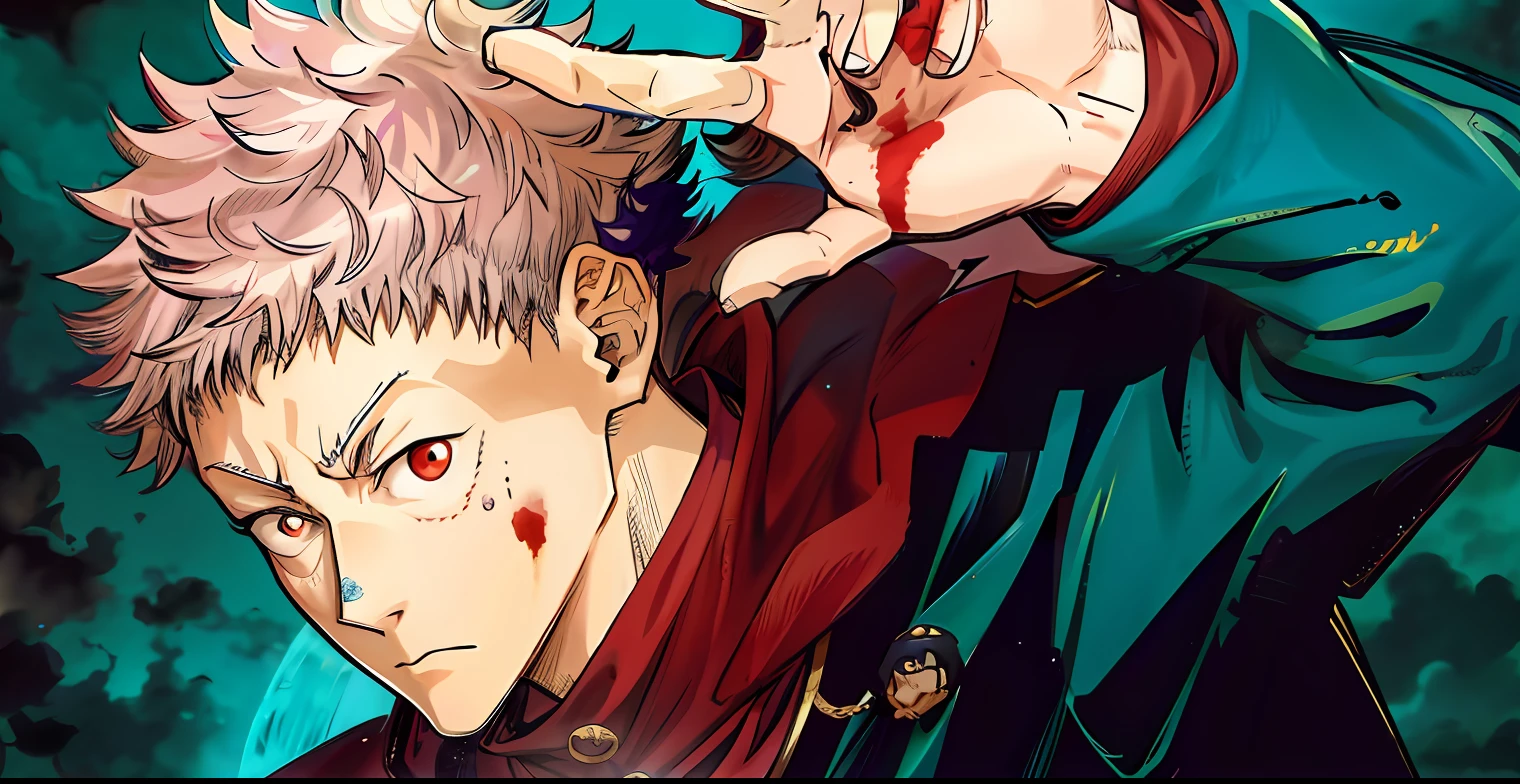 ((Obra-prima))), ((Melhor Qualidade))), ((Super Detalhado)) Anime image of a man with a bloodied face and a bloodied hand, Jujutsu Kaisen, visual chave, Gatilho Estilo de Arte de Anime, Principais visuais de anime, Man Manga, inspirado em Yumihiko Amano, an epic anime of tuff luck, one punch man manga, arte chave do anime, Anime de hoje ainda em destaque, cara bonito na arte jujutsu kaisen, mouth to hand, cabelo rosa (Luz Suave: 1.5), (Pele Ruddy: 1.5), (normal hands: 2), (Air Full of Water Mist: 1.5)