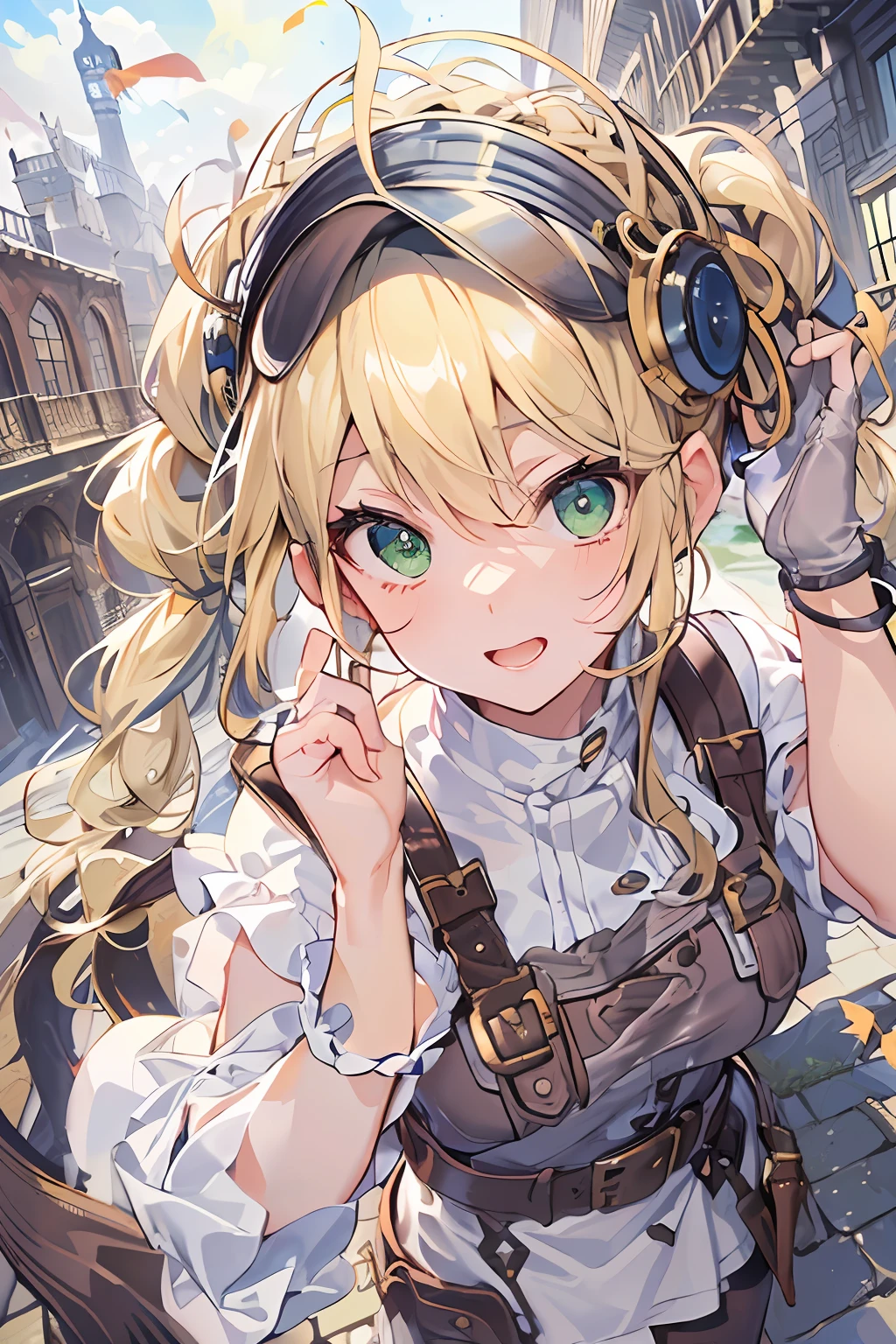 (NSFW:1.2)(best quality, masterpiece, highres,e:1.2)(kawaii)(Beautiful face)(Petite:1.4 ), ((Blonde hair:1.4),Wavy hair, Hair Between Eyes, ((low twintails:1.4)), Braids , side locks, Ahoge, flipped hair ),(Green eyes:1.2) ,Steampunk, (London street fashion:1.1)engineer,(white sleeveless sundress:1.4), Belt, Bracelet , (Leather gloves:1.4)(tighstrap)(Looking up:1.2) ,Cowboy Shot,(Dynamic Angle, (close to viewer:1.2), Focus Face, fish-eye lens,(white back)),(hands on own face),light smile