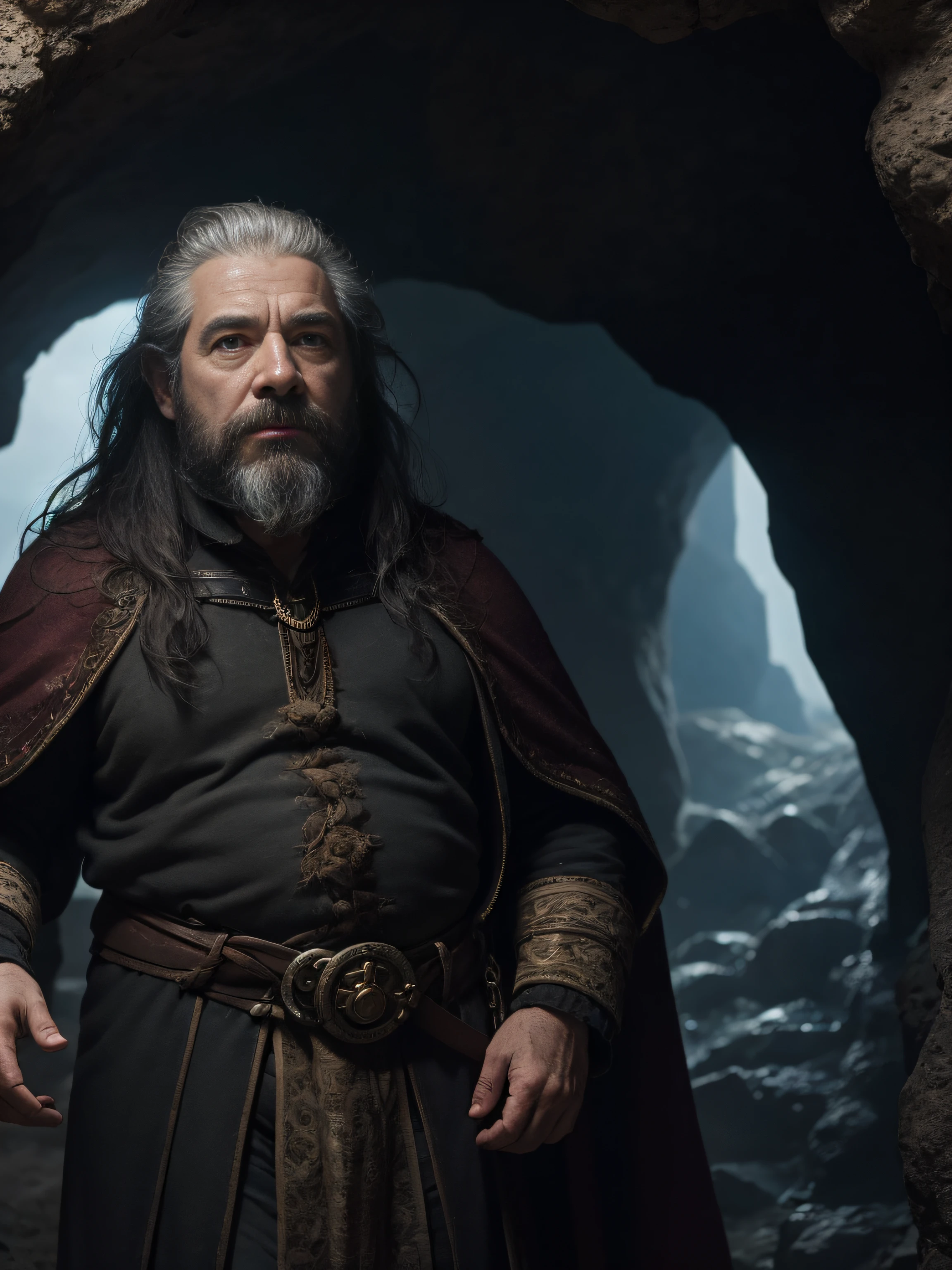 cinematic portrait photo, medium shot of a male middle-aged dwarf inside a cave, big ruddy nose, grizzled mid-length shaggy hair, high forehead, bushy greying beard, portly, robust, serious and impetuous expression, fantasy dwarven old and dirty clothes, highly detailed vfx portrait, Canon EF 24-70mm f/2.8L II USM lens on a Canon EOS 5D Mark IV camera, lord of the rings design, fantasy, sconces on the cave walls, atmospheric