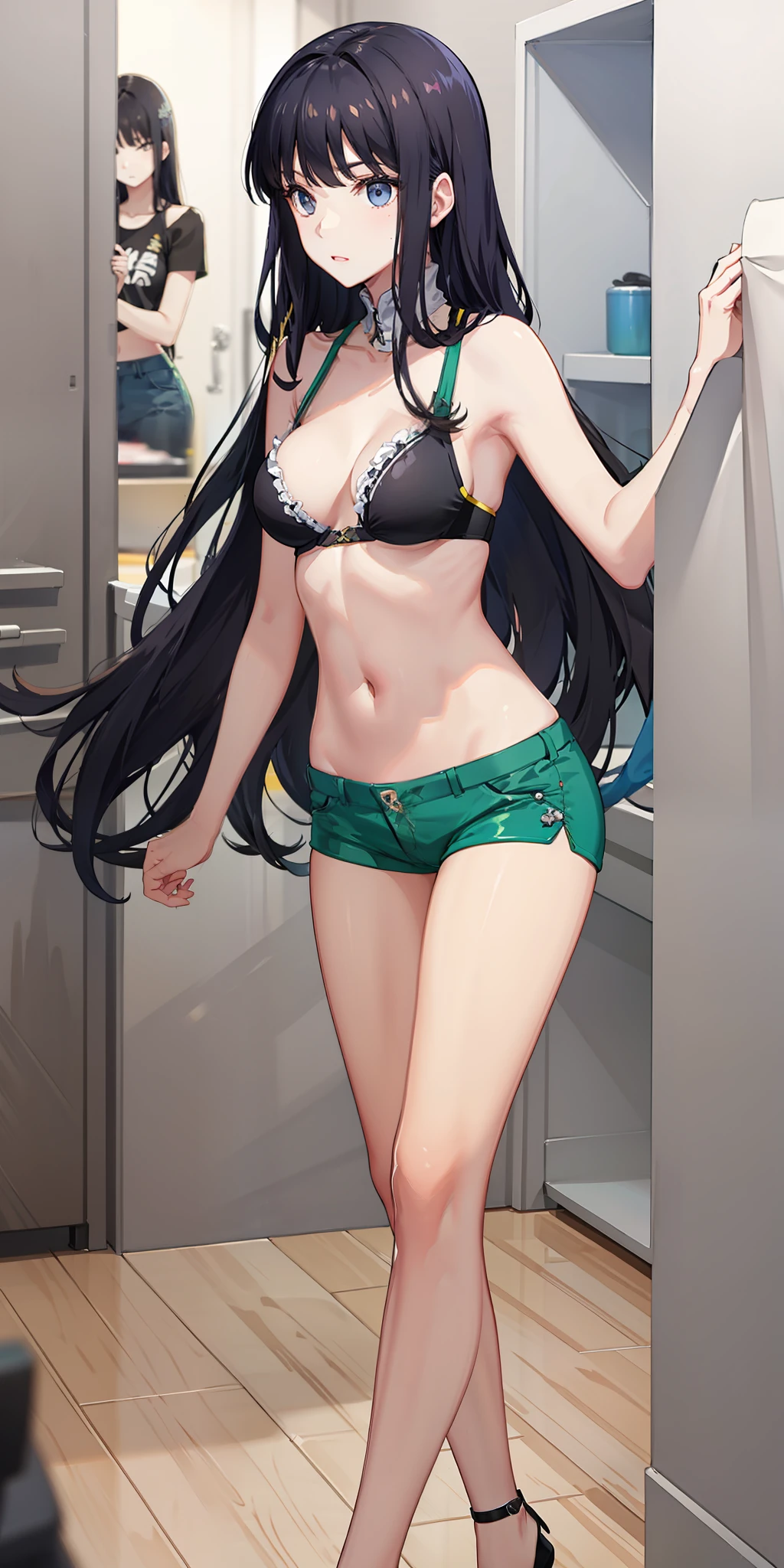 long hair, black hair, medium breast, slim legs, navel, nervous, hot pants