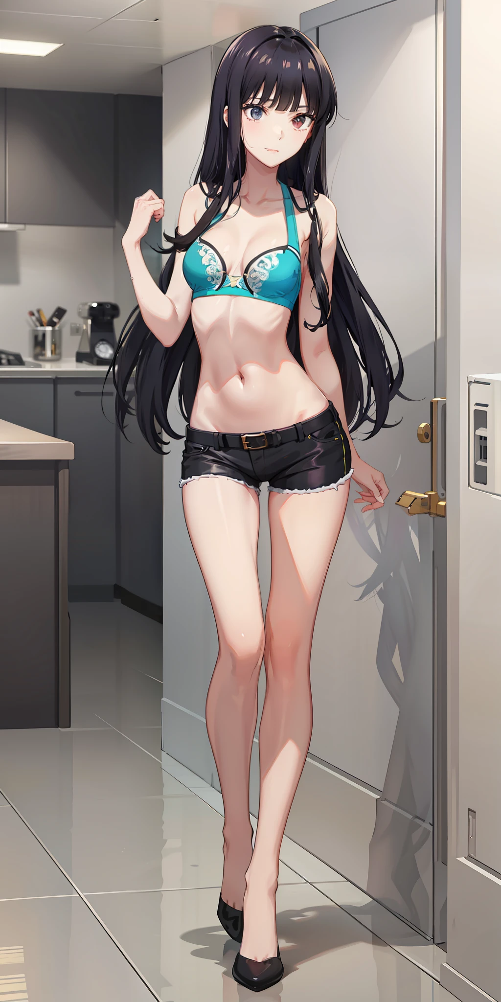 long hair, black hair, medium breast, slim legs, navel, nervous, hot pants