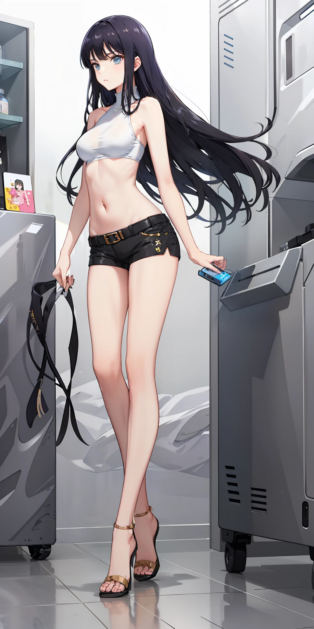 long hair, black hair, medium breast, slim legs, navel, nervous,  hot pants