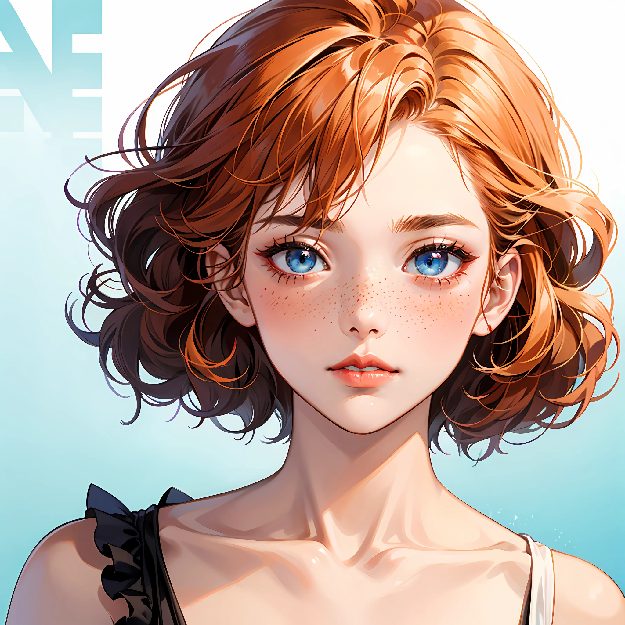 woman, orange short curly hair+undercut, blue eyes, freckles, blush, dark red lips --auto