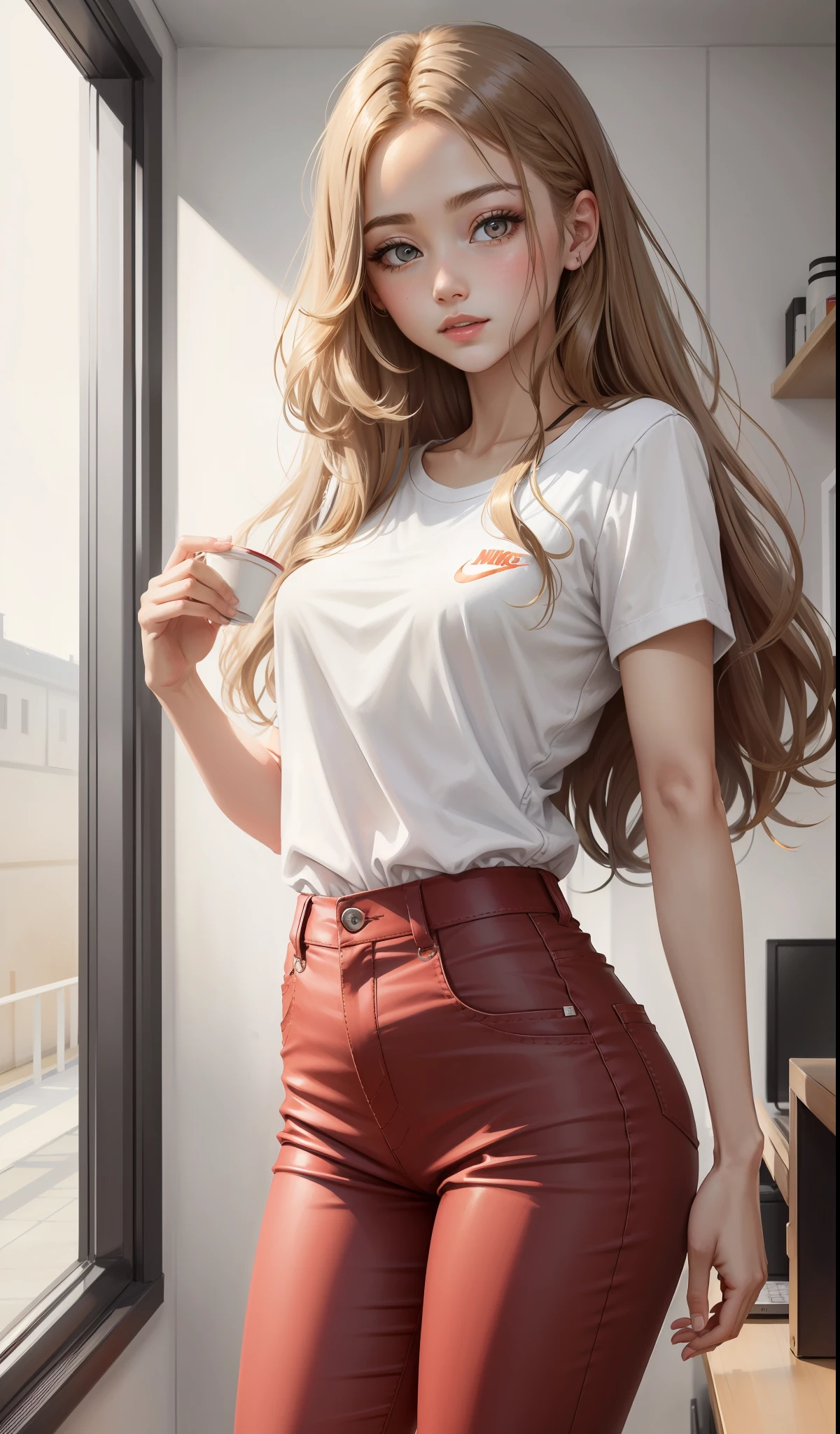 a woman in a white shirt and red pants is playing video game, simple style, wearing elegant casual clothes, muted red, simple clothes, milk and red style, casual clothing style, modern fashion outfit, wearing a fisher , casual modern clothing, inspo, red clothes, red pants, neutral tones, rred and white color scheme, casual business outfit, cute face, nike shoes, 17 years old, adult face, long hair, ((golden brown hair)) and gleaming detailed vibrant violet eyes, slim frame, small breasts, long legs