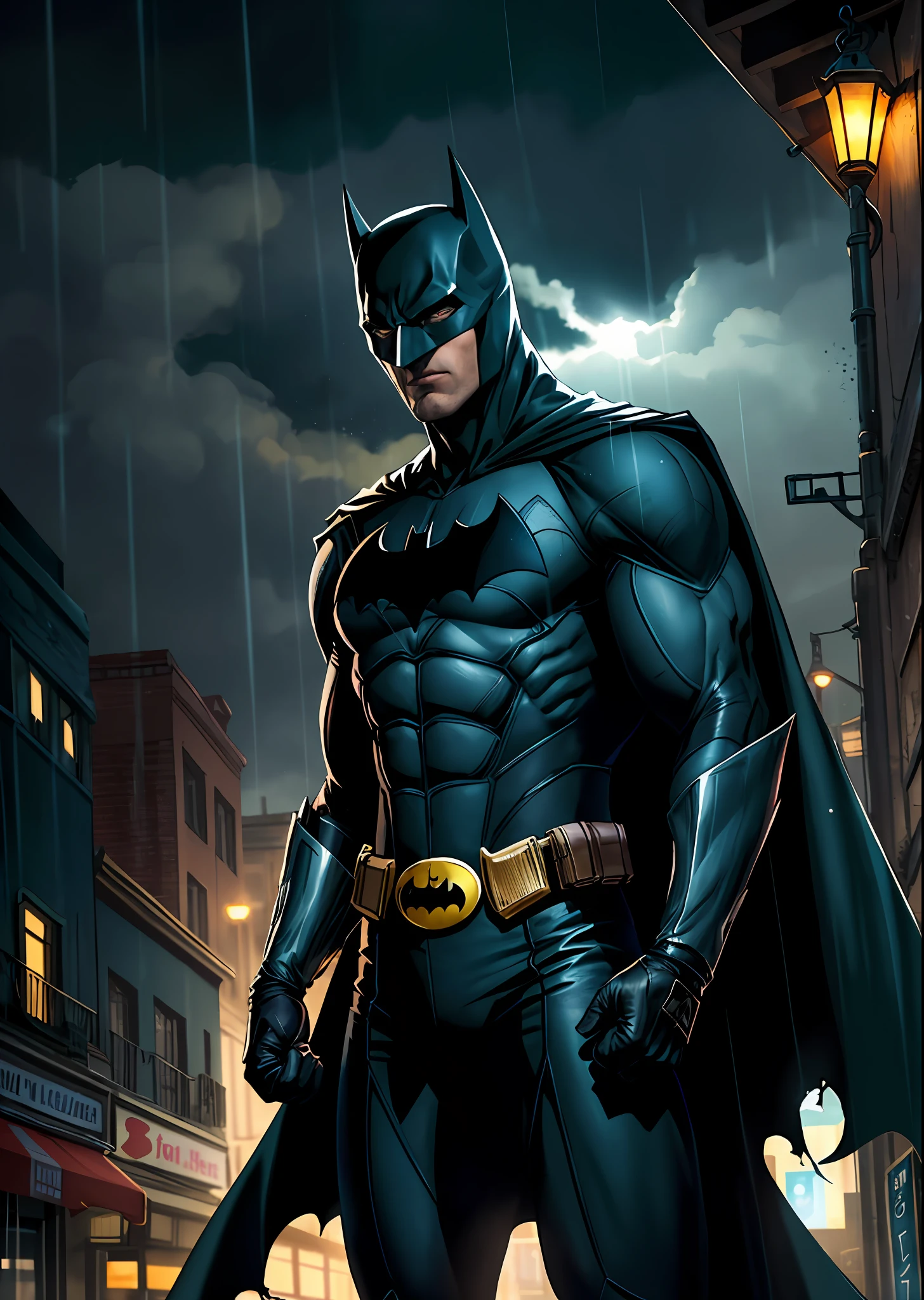 1boy, dark scene, (cowboy shot of batman), athletic, white eyes, no pupils, night city, (mist), particles, light rain, male focus, mask, muscular, muscular male, ragged and torn cape, night, outdoors, rain, serious, dark atmosphere, detailed background, jim lee, ((empty hands)), award winning, masterpiece, realistic:1.35,