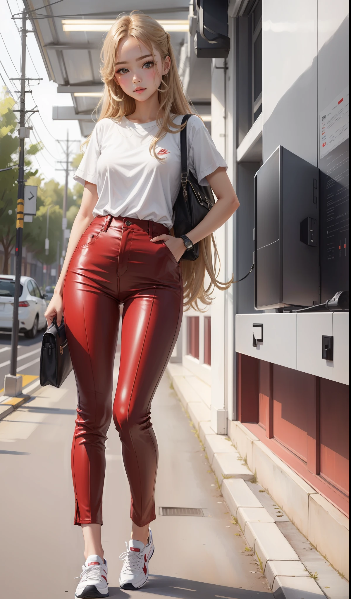 a woman in a white shirt and red pants is playing video game, simple style, wearing elegant casual clothes, muted red, simple clothes, milk and red style, casual clothing style, modern fashion outfit, wearing a fisher , casual modern clothing, inspo, red clothes, red pants, neutral tones, rred and white color scheme, casual business outfit, cute face, nike shoes, , adult face, long hair, ((golden brown hair)) and gleaming detailed vibrant violet eyes, slim frame, small breasts, long legs
