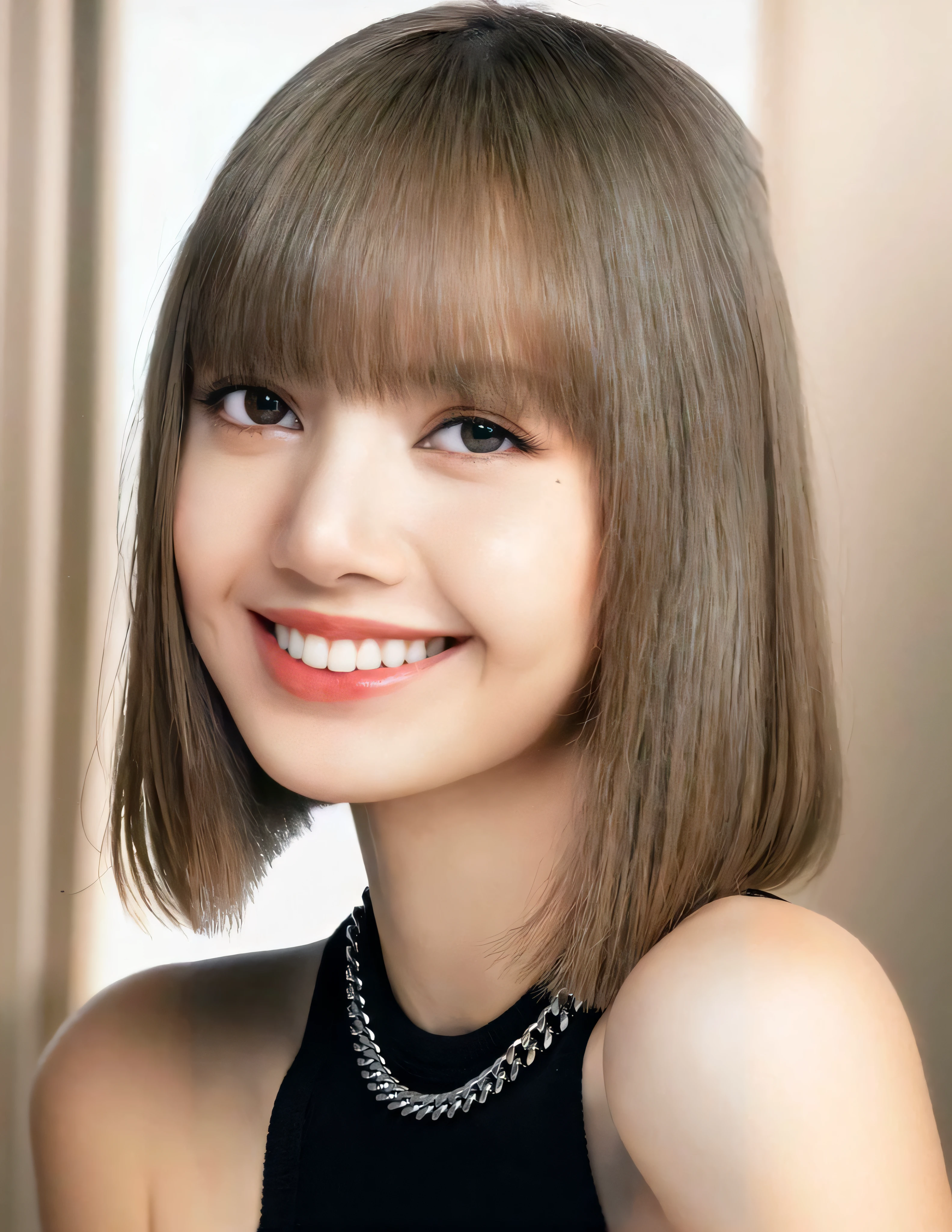 a close up of a woman with a short hair and a necklace, lalisa manobal, lalisa manoban of blackpink, jossi of blackpink, roseanne park of blackpink, portrait of jossi of blackpink, with bangs, blackpink jennie, center parted bangs, neat hair with bangs, charming smile, sun yunjoo, with full bangs, coy smile