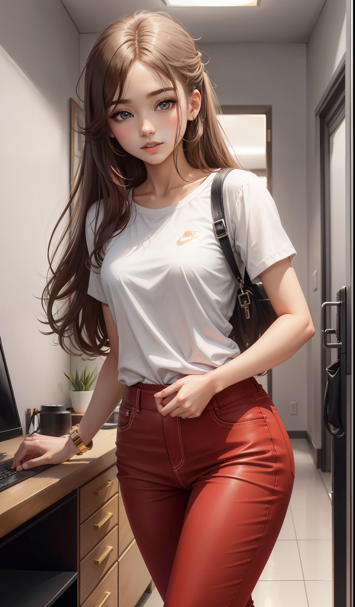 a woman in a white shirt and red pants is playing video game, simple style, wearing elegant casual clothes, muted red, simple clothes, milk and red style, casual clothing style, modern fashion outfit, wearing a fisher , casual modern clothing, inspo, red clothes, red pants, neutral tones, rred and white color scheme, casual business outfit, cute face, nike shoes, 17 years old, adult face, long hair, ((golden brown hair)) and gleaming detailed vibrant violet eyes, slim frame, small breasts, long legs
