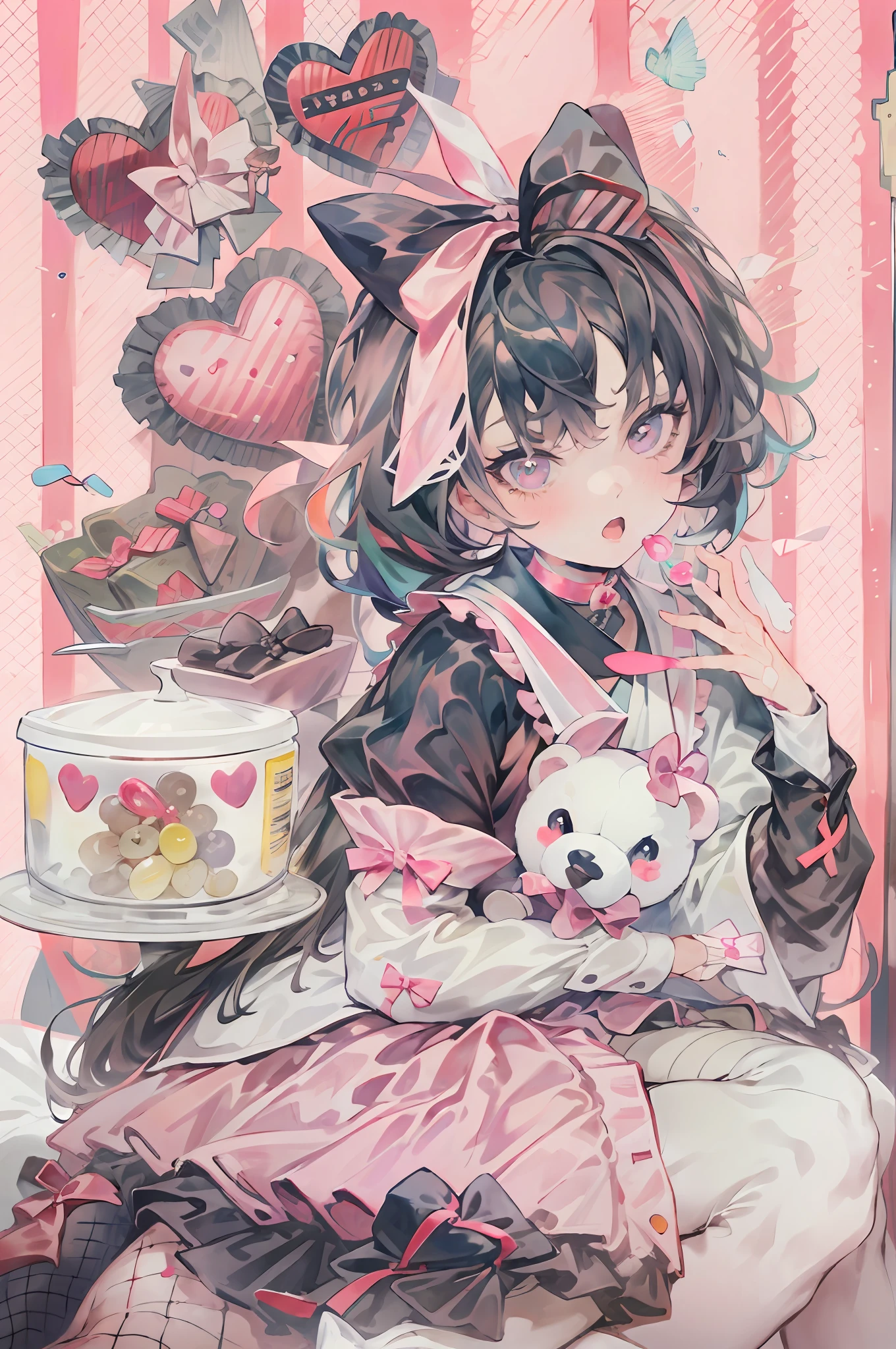 masterpiece, best quality, (jirai_kei),1girl, solo, long_hair, looking_at_viewer, shirt, black_hair, long_sleeves, bow, ribbon, twintails, sitting, monochrome, hair_bow, heart, pantyhose, frills, food, shoes, choker, blunt_bangs, black_skirt, pink_eyes, stuffed_toy, pink_background, stuffed_animal, frilled_skirt, pink_bow, (fishnets), candy, bandaid, pink_shirt, teddy_bear, lollipop, (fishnet_pantyhose), platform_footwear, pink_theme, pill, heart-shaped pupils,