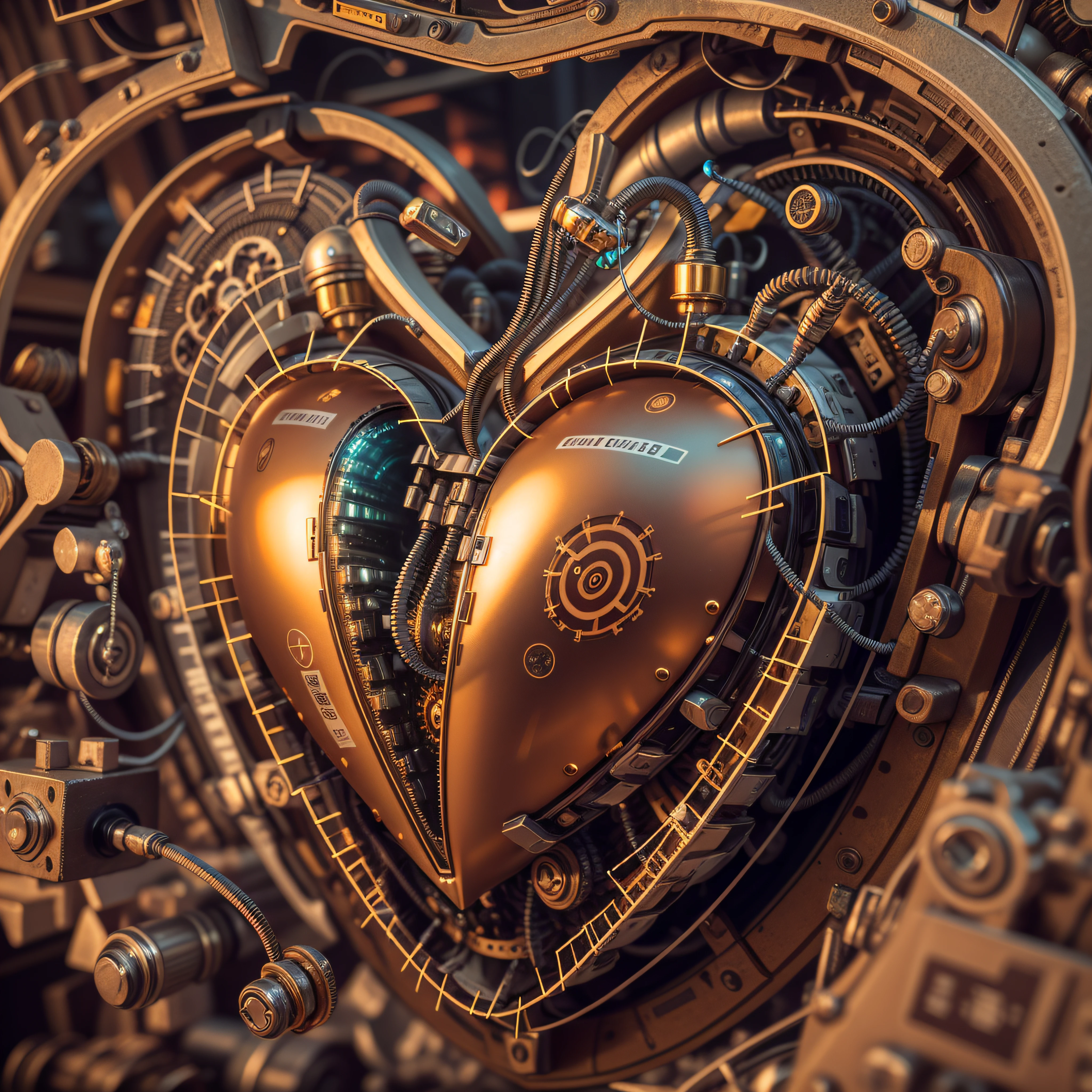 A small mechanical heart, real estate photography, 3d, deep colors, acidwave, cyber, futuristic, gold, metal, neoprene, satin, vinyl, fine art photography