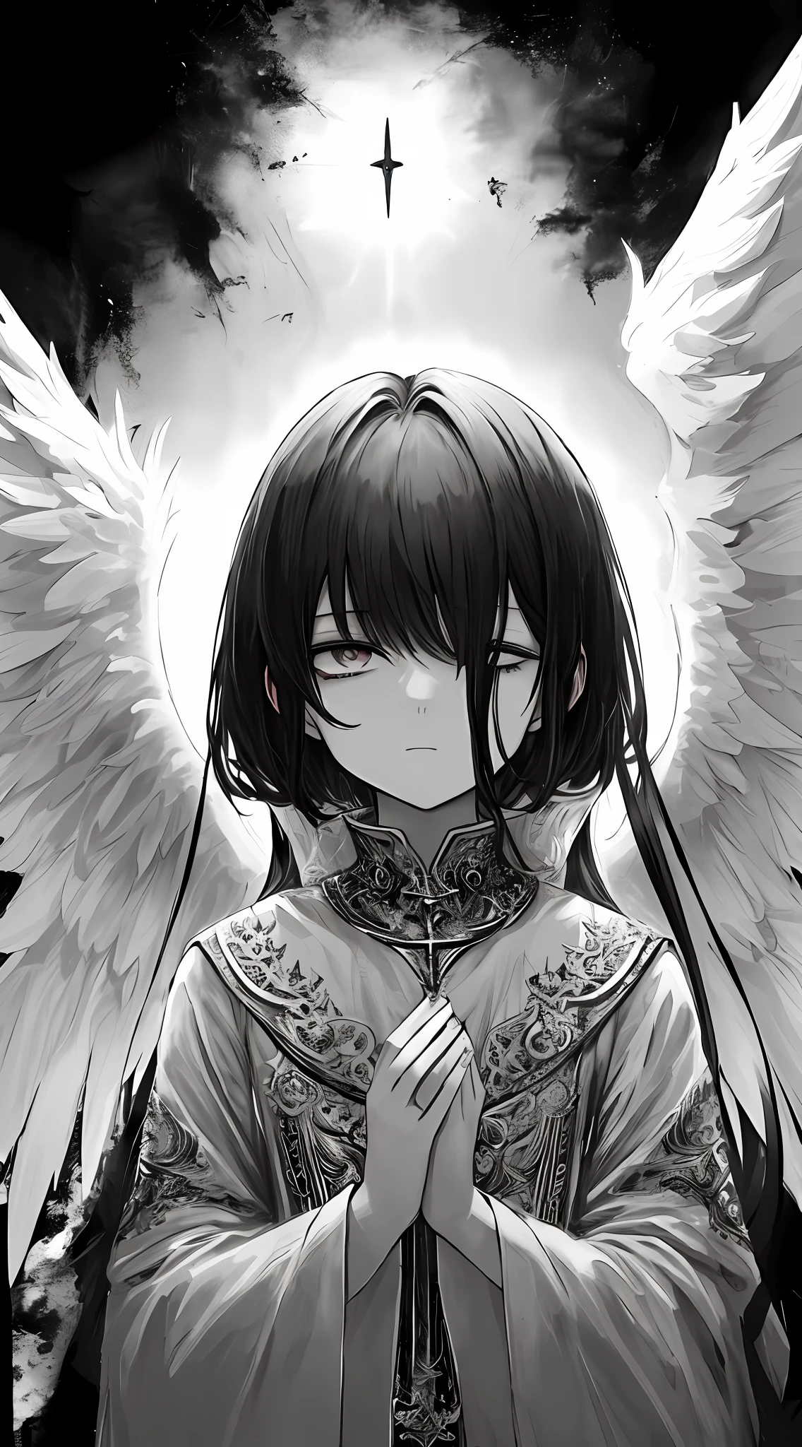 tmasterpiece,Portrait of an angel in prayer,Evil countenance,Three eyes,eye closeds,Black and white wings,A frame eroded by darkness and light