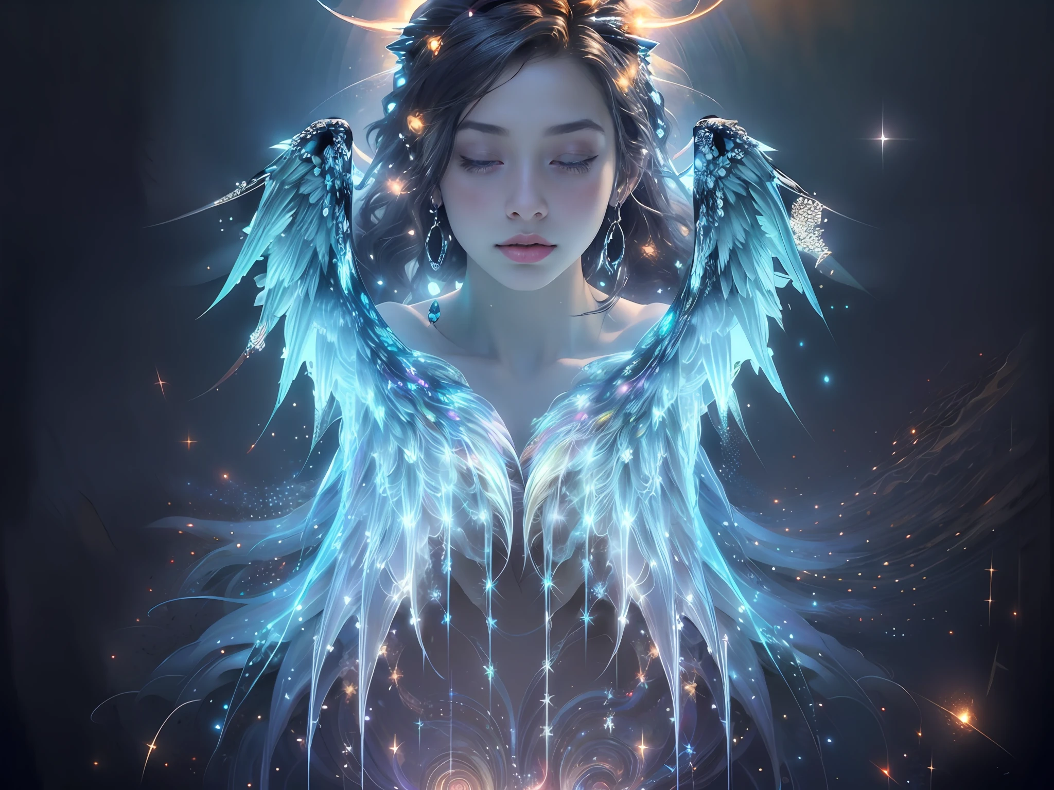 fish-eye lens, cosmic background, Countless twinkling galaxies and stars, Convoluted, Ultra-realistic full-length shot of an angel praying for viewers in the center of a circle, The microcosm revolves around angels, face to the viewer, Offer mercy, Comfort and love, stunningly beautiful face, The majestic twin wings of an angel growing from the back of an angel, Ultra-realistic and ultra-detailed real wings, Beautiful snow-white robes and translucent darkness, Long Blonde Hair, Hair and stars mix, Fantastic and sacred (1:1), ultra-detailliert, A hyper-realistic, Countless small lights twinkle、Blend into the darkness, ultra intricate, New splash art never seen before in space, Captivate your audience、Give your audience direction to move forward, What's next?. It is a masterpiece that will continue to win many awards in the future........