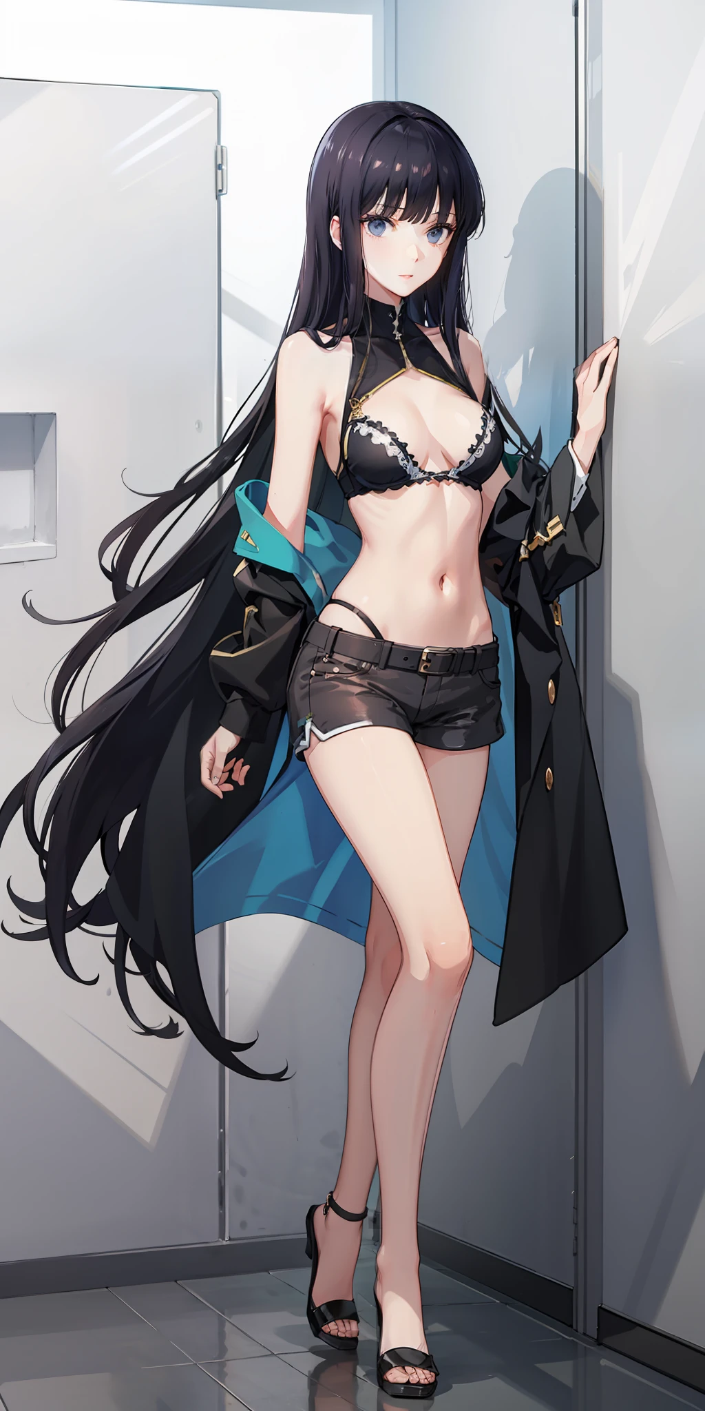 long hair, black hair, medium breast, slim legs, navel, nervous,  hot pants,