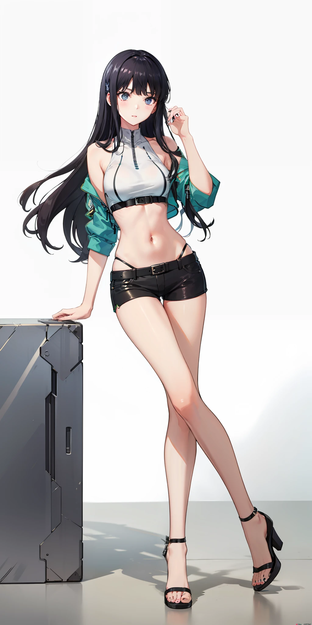 long hair, black hair, medium breast, slim legs, navel, nervous, hot pants,