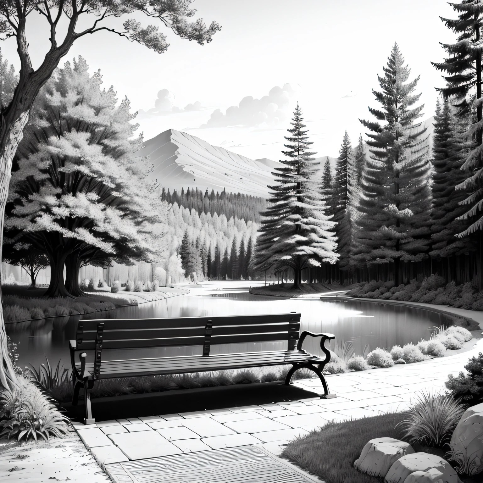 high quality comic of a bench and trees in the background, clean ink detailed line drawing, line - art, extremely fine ink line art, coloring book outline, perfect pen and ink line art, stylized linework, coloring book page, highly detailed linework, published art, very fine inking lines by artist johns sloane --auto