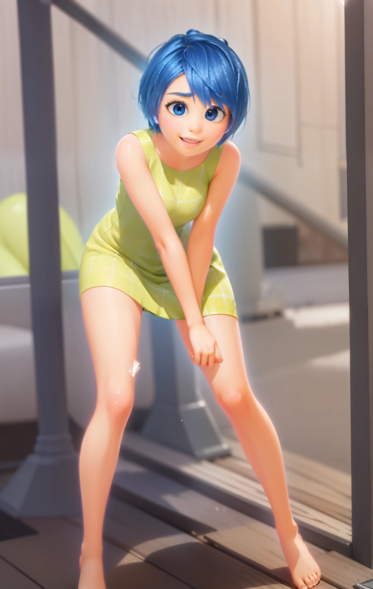 Masterpiece, Best Quality, (joying_Inside out, yellow skin, ), Happy, (((lime green dress that goes to the knees))), Pixar, cartoony, 3D Rendering, little chest, sexy expression, bare footed, ((Masterpiece)),((Best Quality)),absurdress, Sunlight, (half closed eyes:0.4), (parted lips:1.4), (nose blush:1.2), slight smile, breasts visible, Showing breasts, Loli, mini underboob shirt, best quality, 1girl,((solo):1.2),best animated,(ultra detailed glossing hair:1.6), (ultra detailed hair:1.4),(Illustrated city background:1.2),1girl,high detail illustrated paint body and eyes like Pixar,Dark hair, beautiful city, summer time, shiny fatty skin,reddish Kneecap:1.2,soft and fat white_skin but yet reddish kneecap:1.8,half close eyes,happy smile,cosmetics natural cheek and lip, tilt head,Plaid pleats skirt,beautiful shiny barefoot, cover style very most short folding-socks,((cute color cloth summer season)),shiny hi detail black_loafers,show face to toe,from above, table,shyness, side window,(((close up face:1.0)))