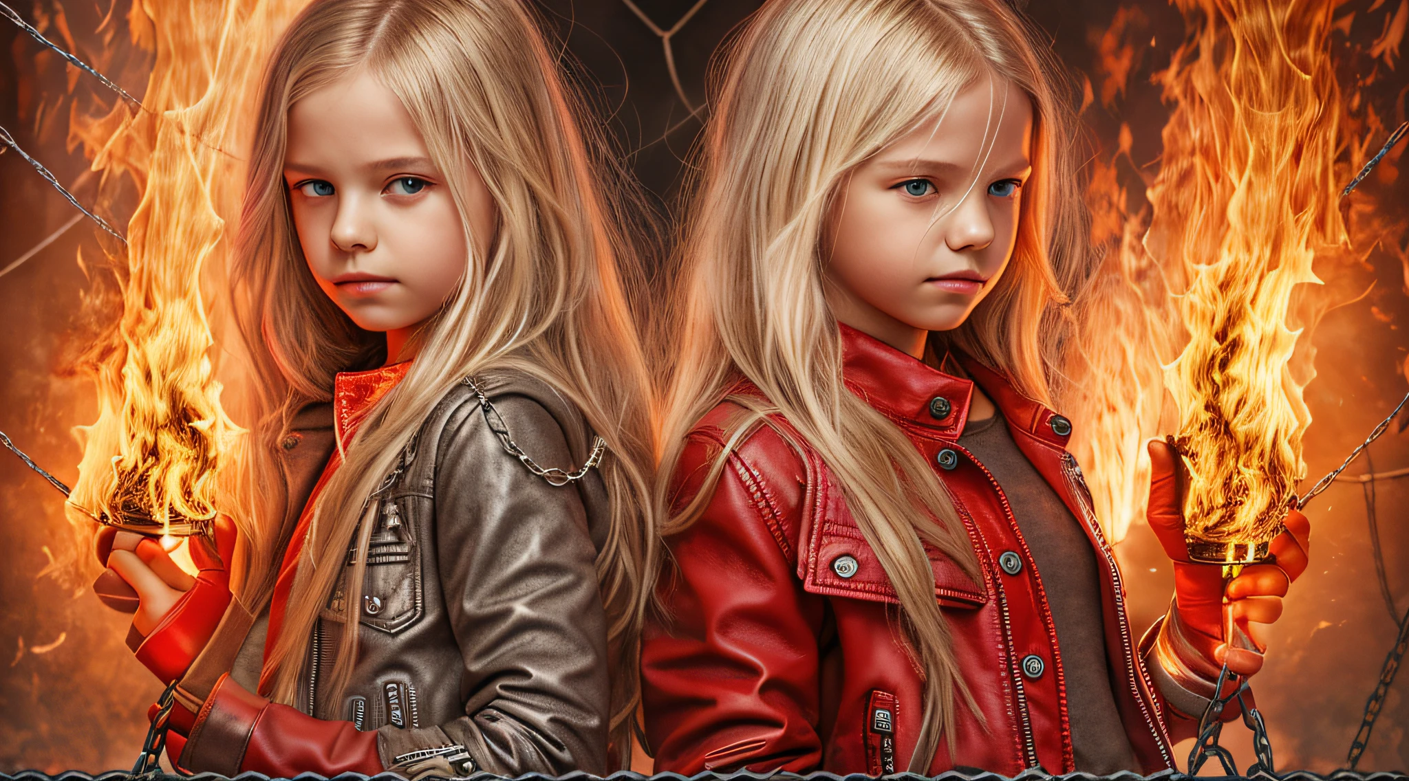 A half body, portrait of 3 girls German children long platinum blonde hair of , red leather jackets, holding in their hands a cross, background of chains, chain, more chains, many chains, , red, red fire, many background flames.