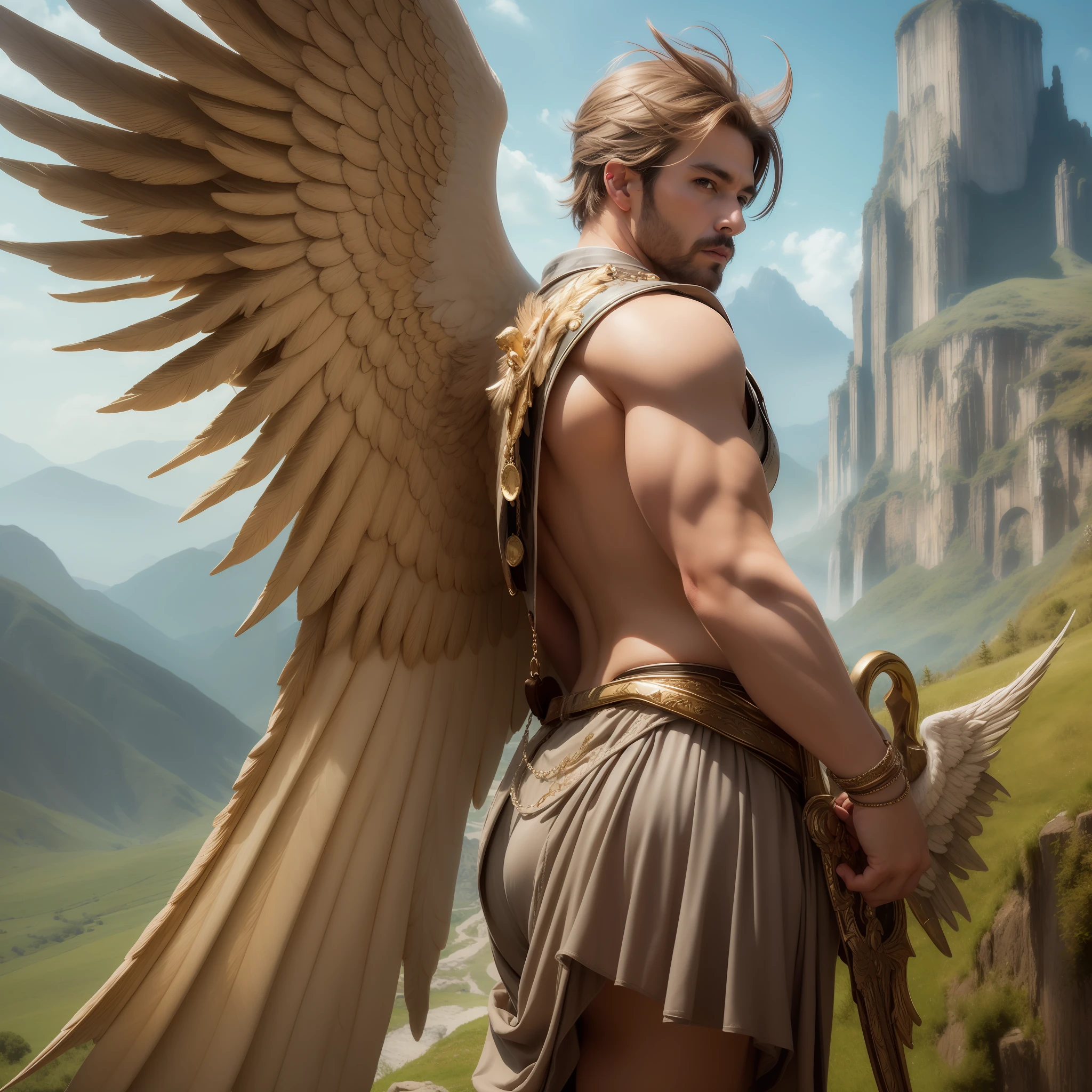 Male angel with big wings in front of a fantasy landscape. hiperdetallado, alta calidad, fotorrealista, 8k, Pintura digita