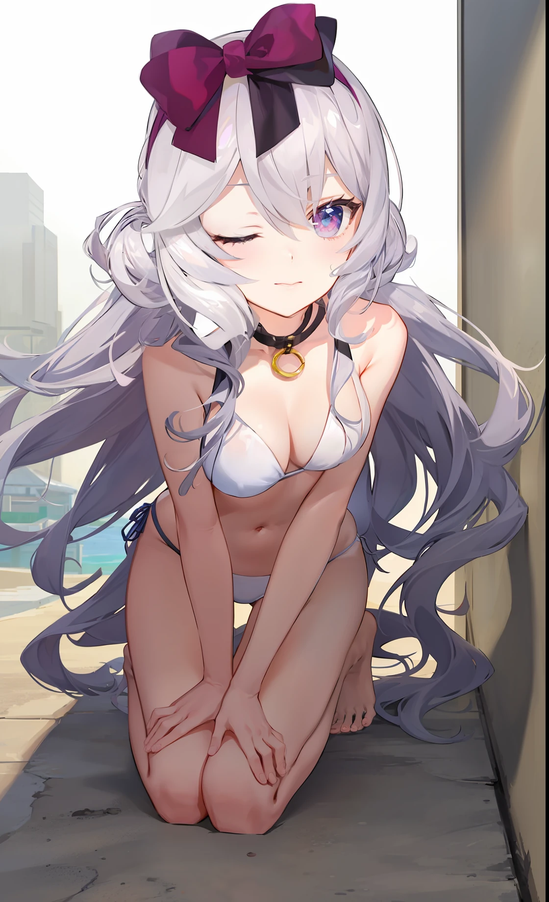 White bikini, anime style, kneeling, curling hair