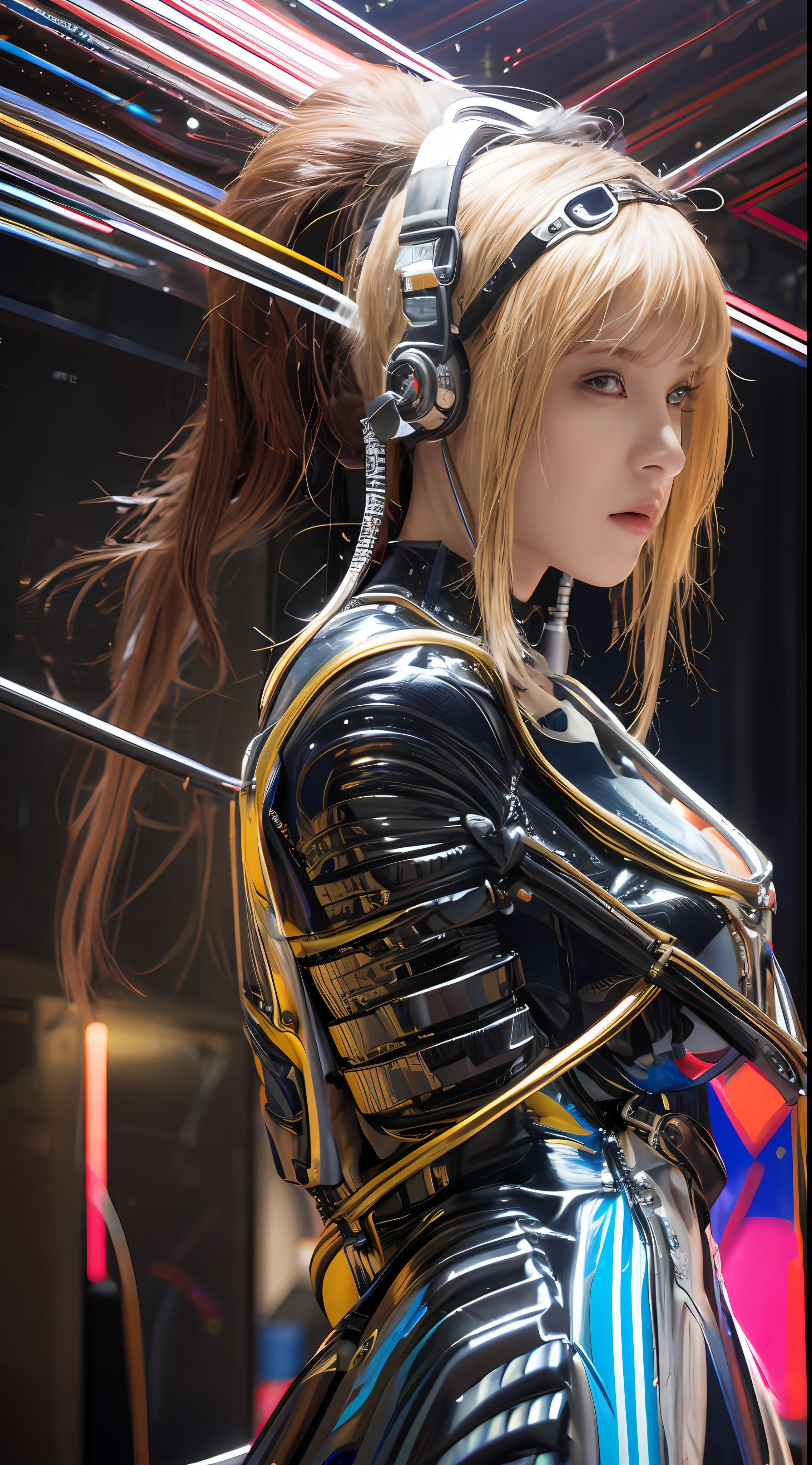 ((top-quality)), ((​masterpiece)), (detaileds:1.4), 3D, Beautiful Cyberpunk Woman Image,nffsw(HighDynamicRange),Ray traching,NVIDIA RTX,Hyper-Resolution,Unreal 5,Sub-surface scattering,PBR Texturing,Postprocess,Anisotropy Filtering,depth of fields,Maximum clarity and sharpness,multi-layer texture,Albedo and specular maps,Surface Shading,Accurate simulation of light-material interactions,perfectly proportions,Octane Rendering,Two-tone lighting,Wide aperture,Low ISO、White Balance、thirds rule、8K Raw、a large number of cables connected to the back of the head,、Mechanical headset、White plastic body、Colossal tits、Skin visible on face and chest、Organic mechanical body、Glowing LEDs、Hydraulic cylinder、Dense decoration of golden color、Gothloli details、The background is Cyberpunk City、