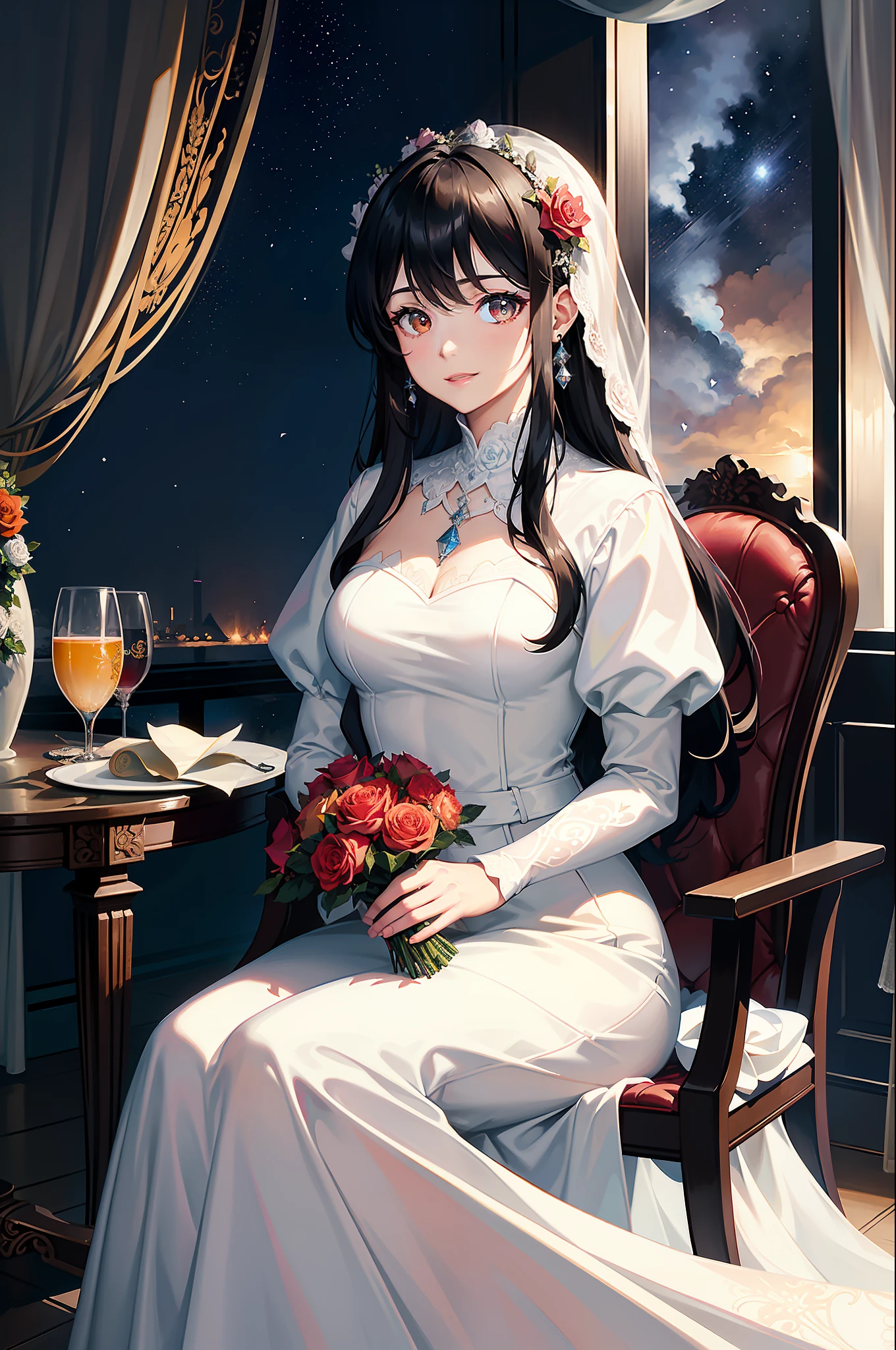 (A Masterpiece, BEST QUALITY, Highest grade, Official Art, aesthetic:1.2), (1 Mature girl(Rose):1.3), Straight long hair, brown Hair, Very fine, portrait、, Watching the viewer, one person, (fulllllbody:0.6), detailed background, crose up, Luminous eyes, Pale pink lips, soft lips, (Cold Arctic Winter theme:1. 1), wedding dress, bride, beautiful smile, Mysterious, sitting in chair, White romantic long dress,Colorful bouquets of flowers, Jewelry curtain on background, Dark mystical lighting, shadowy, Petals flutter, Starry Night, dutch angle