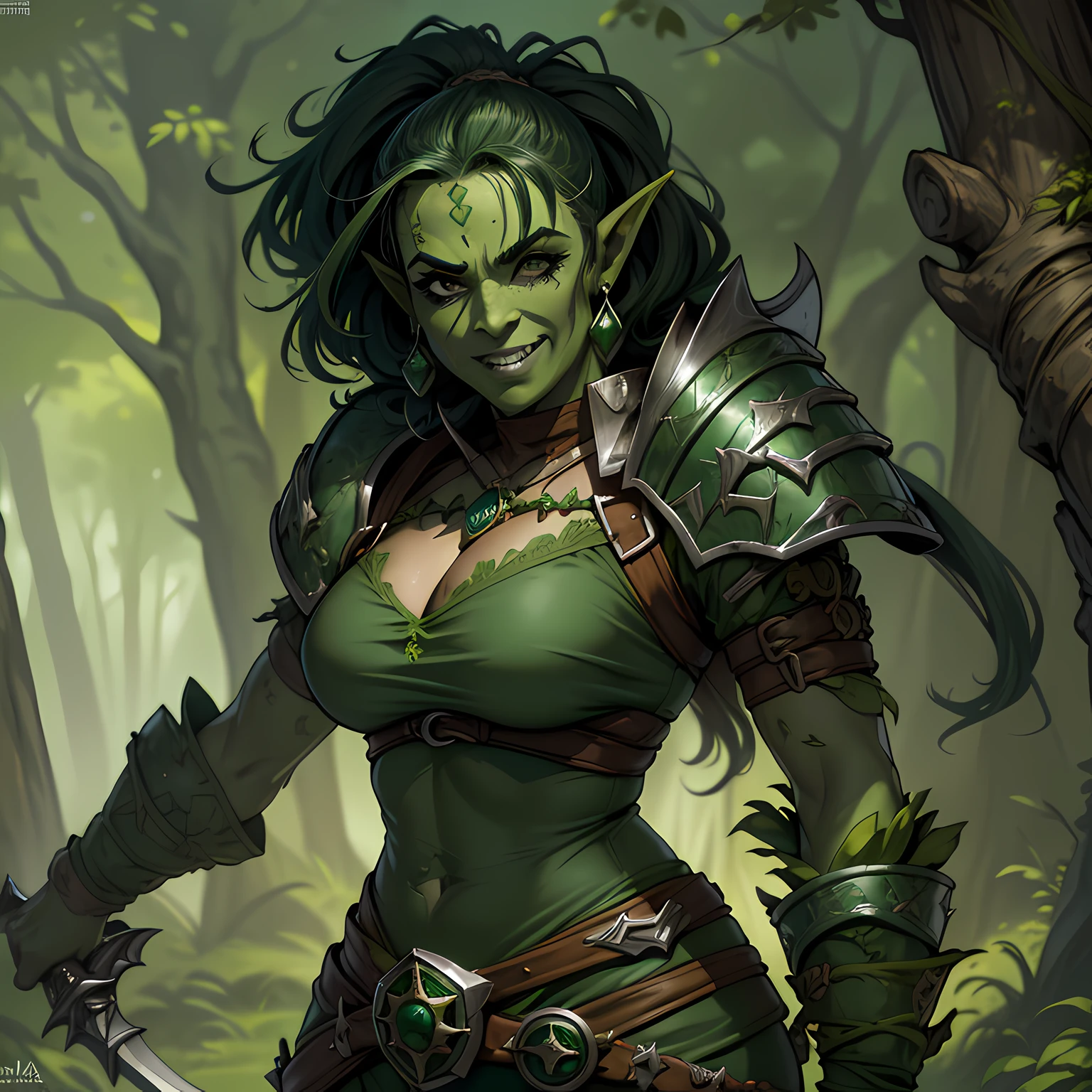 (Un primer plano de una mujer con un traje de cuero con una espada), (((orco hembra verde)))), (((orco verde hembra)))), Themed orc, (Orco druida), (Una mujer druida), (Orco del bosque druida hembra), sonriendo