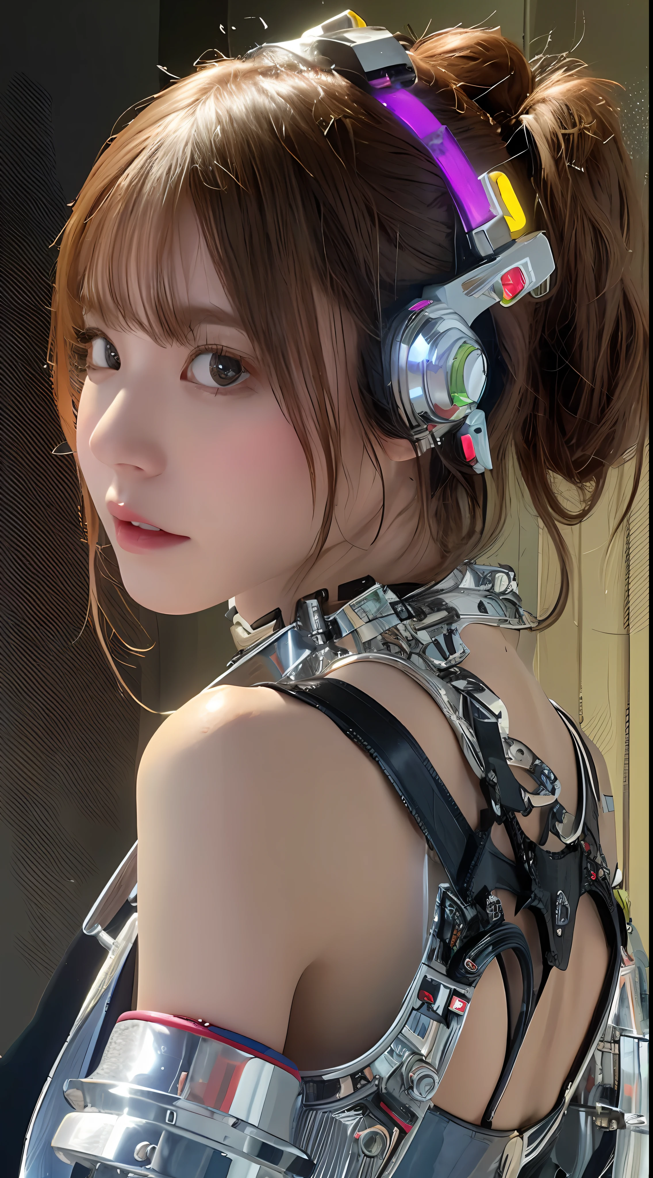 ((top-quality)), ((masterpiece)), (detaileds:1.4), 3D, Beautiful Cyberpunk Woman Image,nffsw(HighDynamicRange),Ray traching,NVIDIA RTX,Hyper-Resolution,Unreal 5,Sub-surface tering,PBR Texturing,Postprocess,Anisotropy Filtering,depth of fields,Maximum clarity and sharpness,multi-layer texture,Albedo and specular maps,Surface Shading,Accurate simulation of light-material interfectly proportions,Octane Rendering,Two-tone lighting,Wide aperture,Low ISO、White Balance、thirds rule、8K Raw、a large number of cables connected to the back of the head,、Mechanical headset、White plastic body、Colossal tits、Skin visibn face and chest、Organic mechanical body、Glowing LEDs、Hydraulic cylinder、Dense decoration of golden color、Gothloli details、The background is Cyberpunk City、