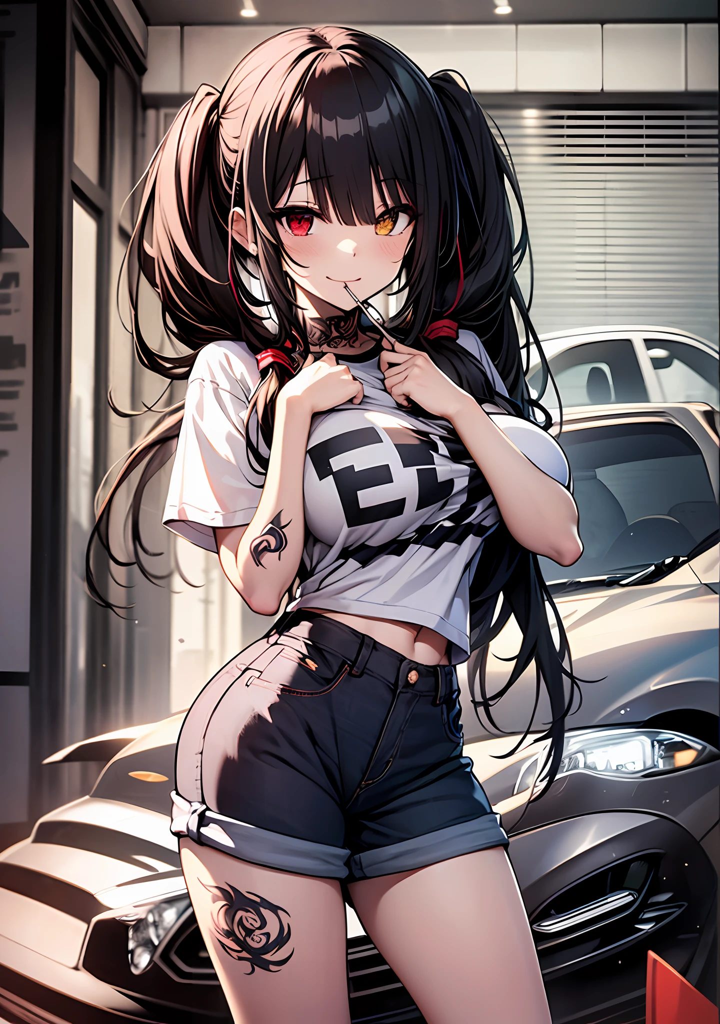 Masterpiece, high quality, ultra quality, best lighting, 1girl, ((tokisaki kurumi)), long hair, black hair, (((low twintails))), monochrome, ((right red eye:1, left yellow eye:1)), t-shirt, ((big t-shirt)), ((mini pants)), ((big breast)), ((big thigh)), smile, smoking, blush, cute face, ((gesugao face)), standing, sexy body, sexy, tattooed full body, tattooed face, (((tattooed))),looking at viewer, large the breast, nsfw, (((car)))