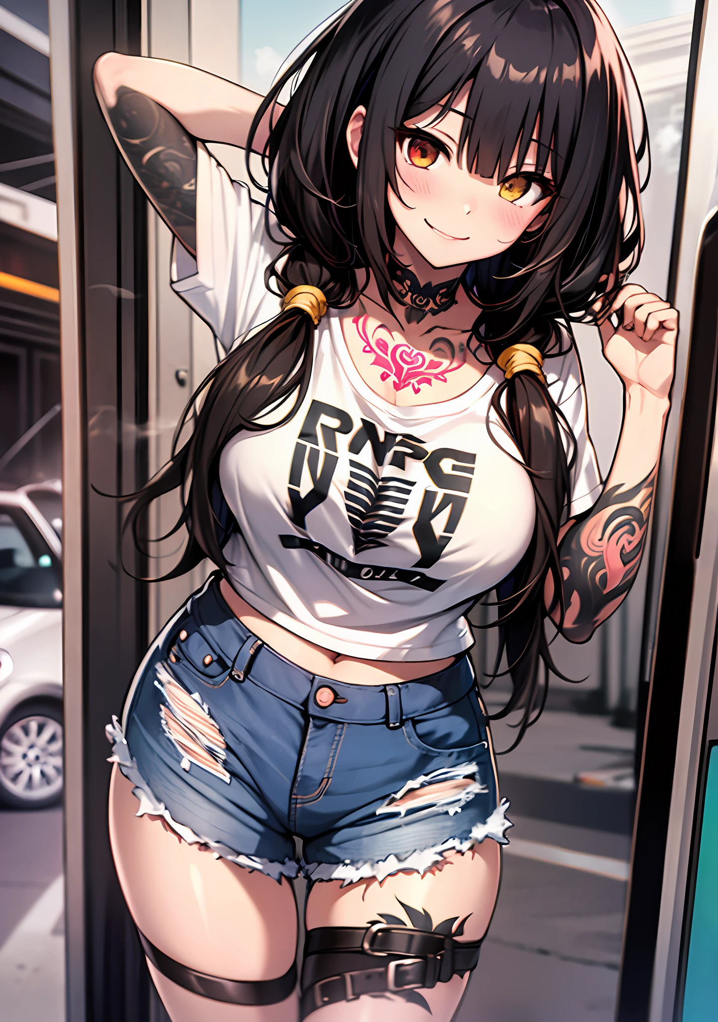 Masterpiece, high quality, ultra quality, best lighting, 1girl, ((tokisaki kurumi)), long hair, black hair, (((low twintails))), monochrome, ((right red eye:1, left yellow eye:1)), t-shirt, ((big t-shirt)), ((mini pants)), ((big breast)), ((big thigh)), smile, smoking, blush, cute face, ((gesugao face)), standing, sexy body, sexy, tattooed full body, tattooed face, (((tattooed))),looking at viewer, large the breast, nsfw, (((car)))