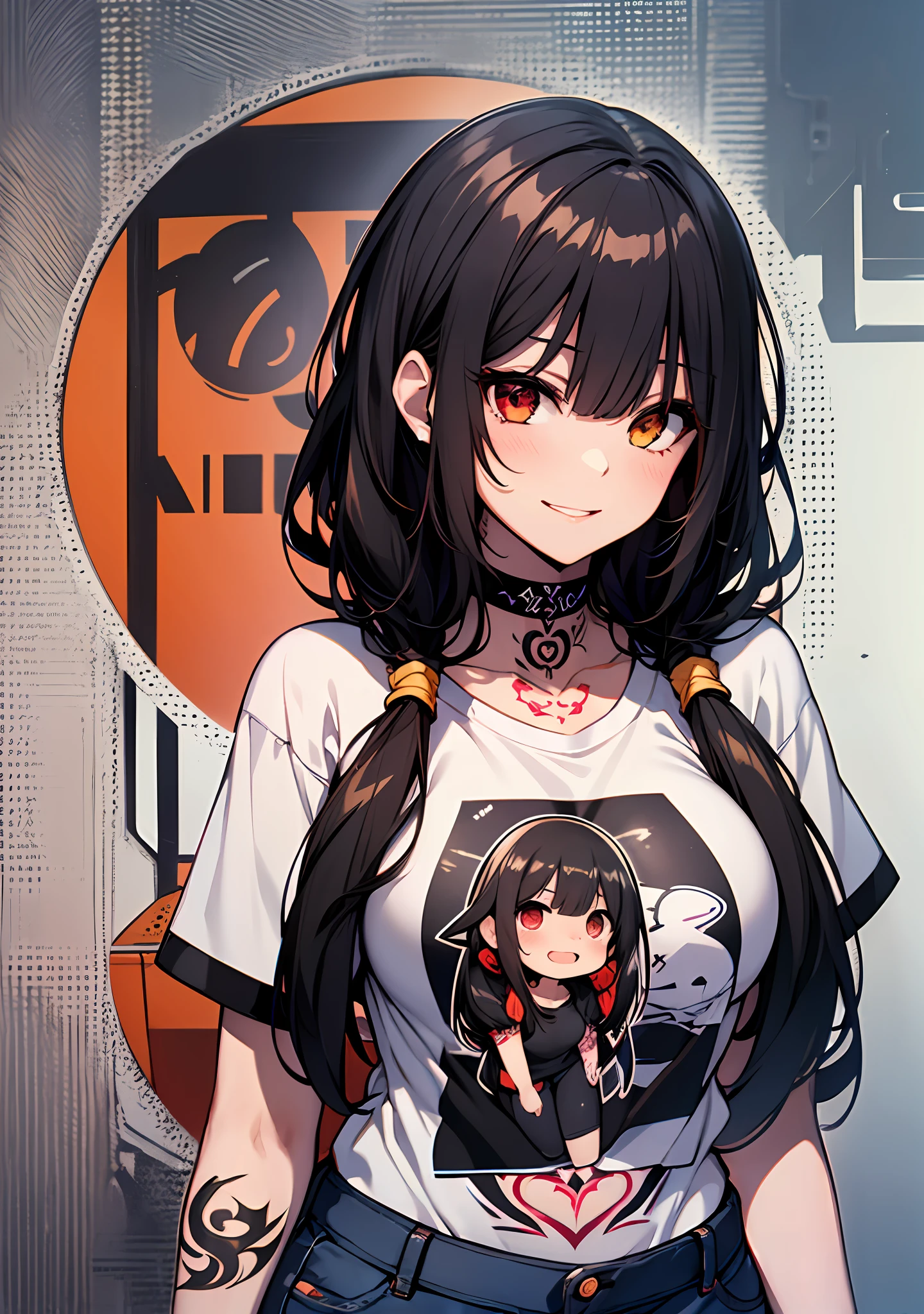 Masterpiece, high quality, ultra quality, best lighting, 1girl, ((tokisaki kurumi)), long hair, black hair, (((low twintails))), monochrome, ((right red eye:1, left yellow eye:1)), t-shirt, ((big t-shirt)), ((mini pants)), ((big breast)), ((big thigh)), smile, smoking, blush, cute face, ((gesugao face)), standing, sexy body, sexy, tattooed full body, tattooed face, (((tattooed))),looking at viewer, large the breast, nsfw, (((car)))